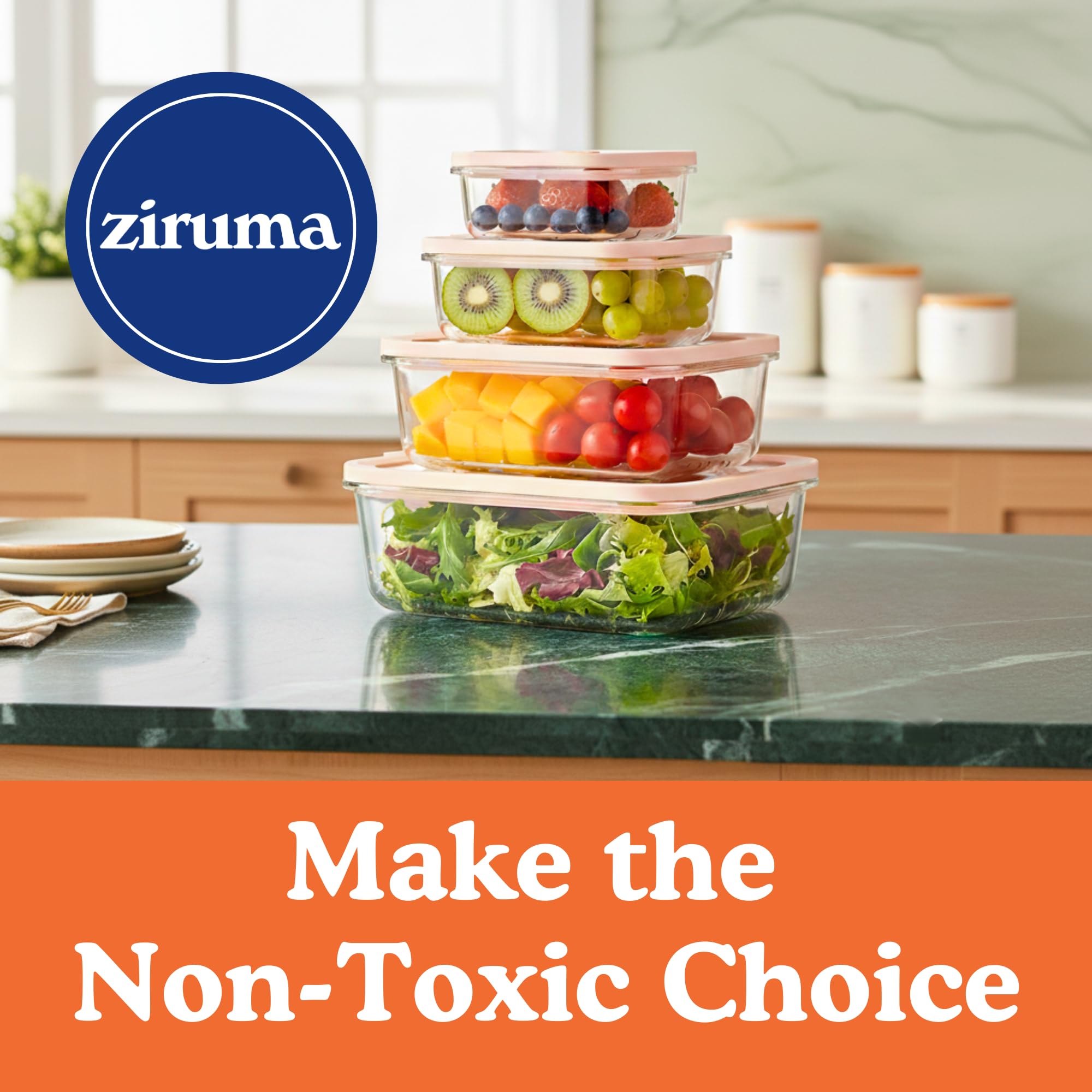 Non-Toxic  (4.4 Cup) Glass Storage Containers with Lids – Plastic Free Meal Prep Containers for Lunch, Airtight Food Storage, Microwave and Freezer Safe, 4 Pack - Ziruma