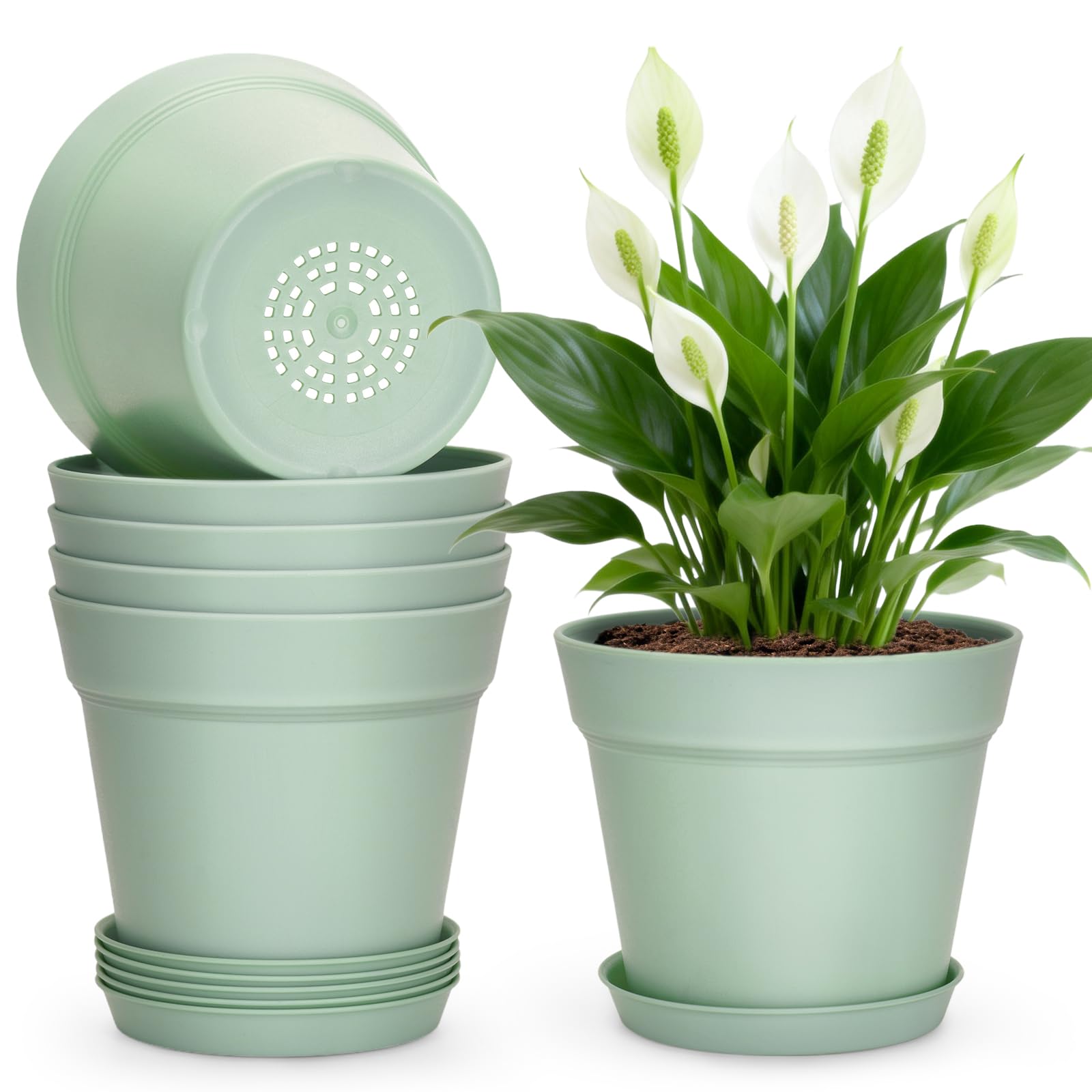 KINGLAKE 6Pcs Plastic Plant Pots Indoor Outdoor, 6 Inch/15.3cm Sage Green Plant Pots Modern Flower Pot for Office Desk House Plants with Drainage Holes and Trays