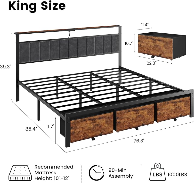 King Size Bed Frame with Storage Headboard and 3 Drawers image 2