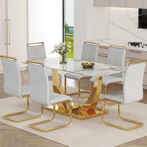 Miniatura 3 de Juego de mesa de comedor de mármol sintético para 6, mesa de comedor rectangular para 6, mesa de cocina dorada y 6 sillas de piel sintética, juego