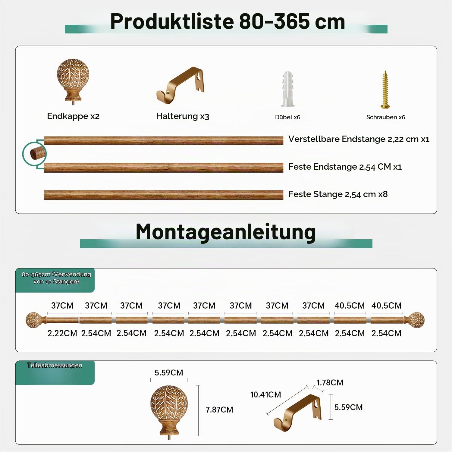 Gardinenstange Holzoptik 80-365cm Metall Ausziehbar BohoStil | Lang Vorhangstange mit Blatt-Enden inkl.Halterungen 15KG Schwerlast für Fenster Wohnzimmer Schlafzimmer Terrasse Vintage