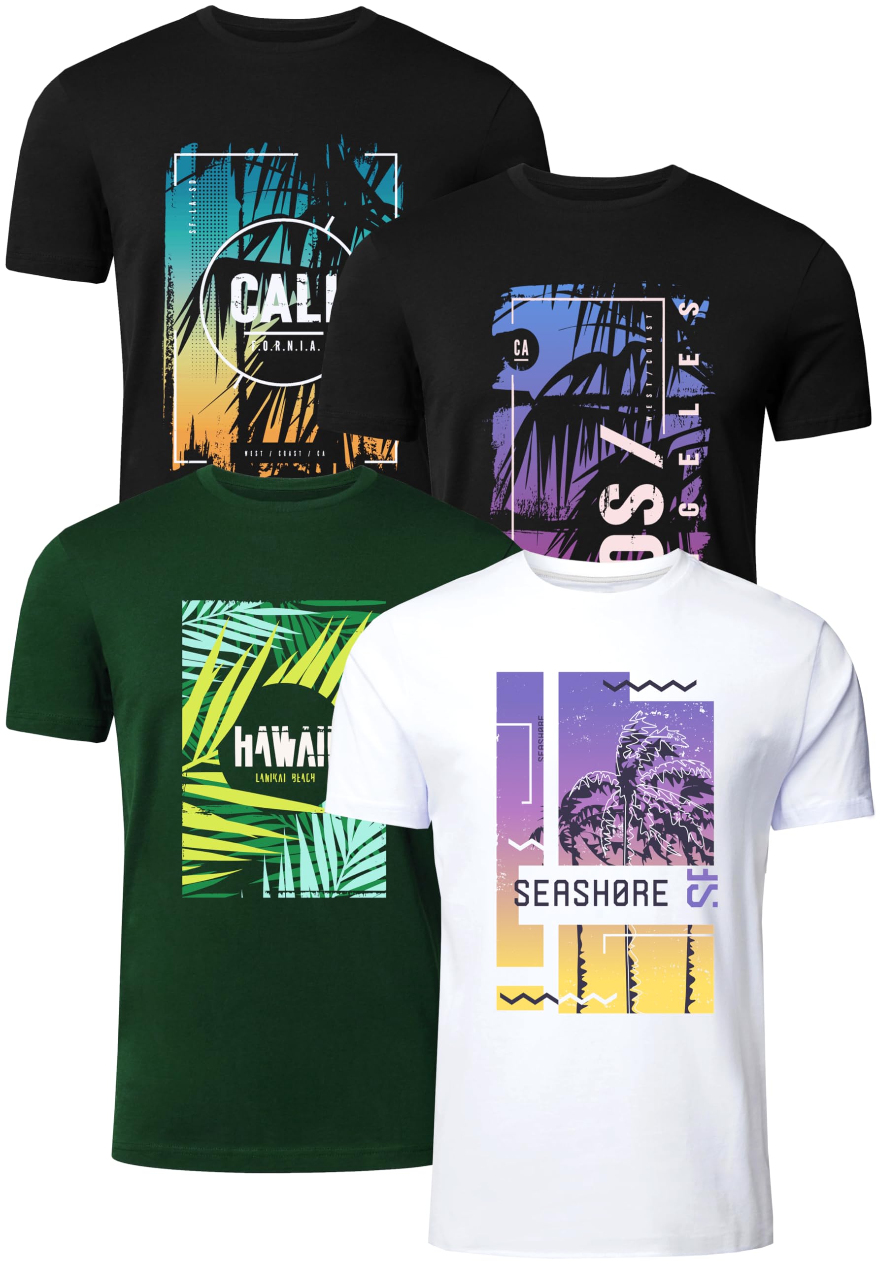 FULL TIME SPORTS Herren T-Shirt 4er Pack, 100% Baumwolle, Kurzarm, Rundhals, Bedruckt PRINT-003-PACK-4-L