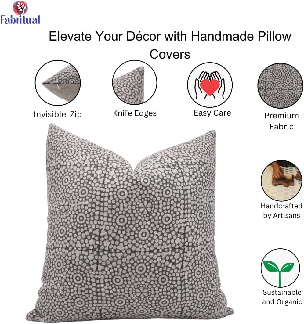 Thick Linen Fabric Hand Block Floral Print 20x20 Inch Throw Pillowcase Cushion Cover Spring Fall Season Decorative for Sofa, Couch, Chair, Living Room (Chunributi-Light Black)