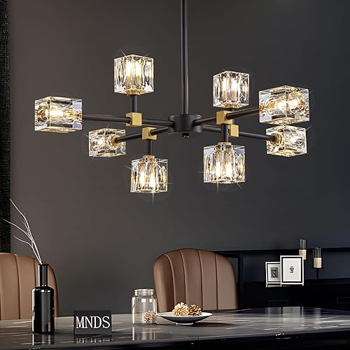 Miniatura 10 de Candelabro de Cristal Negro, Lámparas de Araña Sputnik con 12 Luces, Lámpara de Techo Moderna Ajustable en Altura Semiempotrada para Comedor, Isla