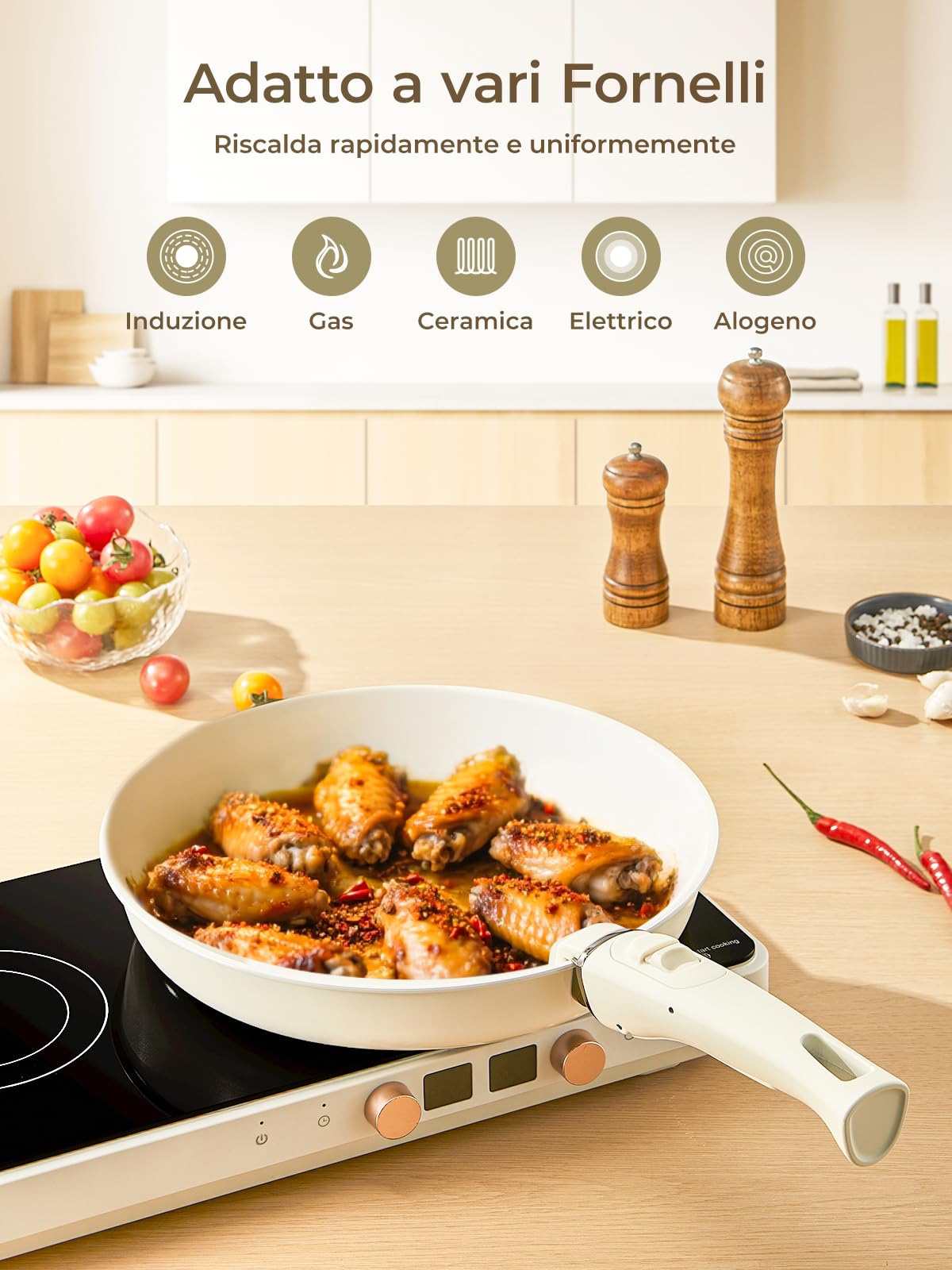 FOHERE Set di Pentole e Padelle Antiaderenti a Induzione 8 Pezzi Alluminio | Ceramica Padella con 2 Manici Amovibili e 2 Coperchio, Padella 20/28cm, Casseruola 16/20cm, Gas e Forno