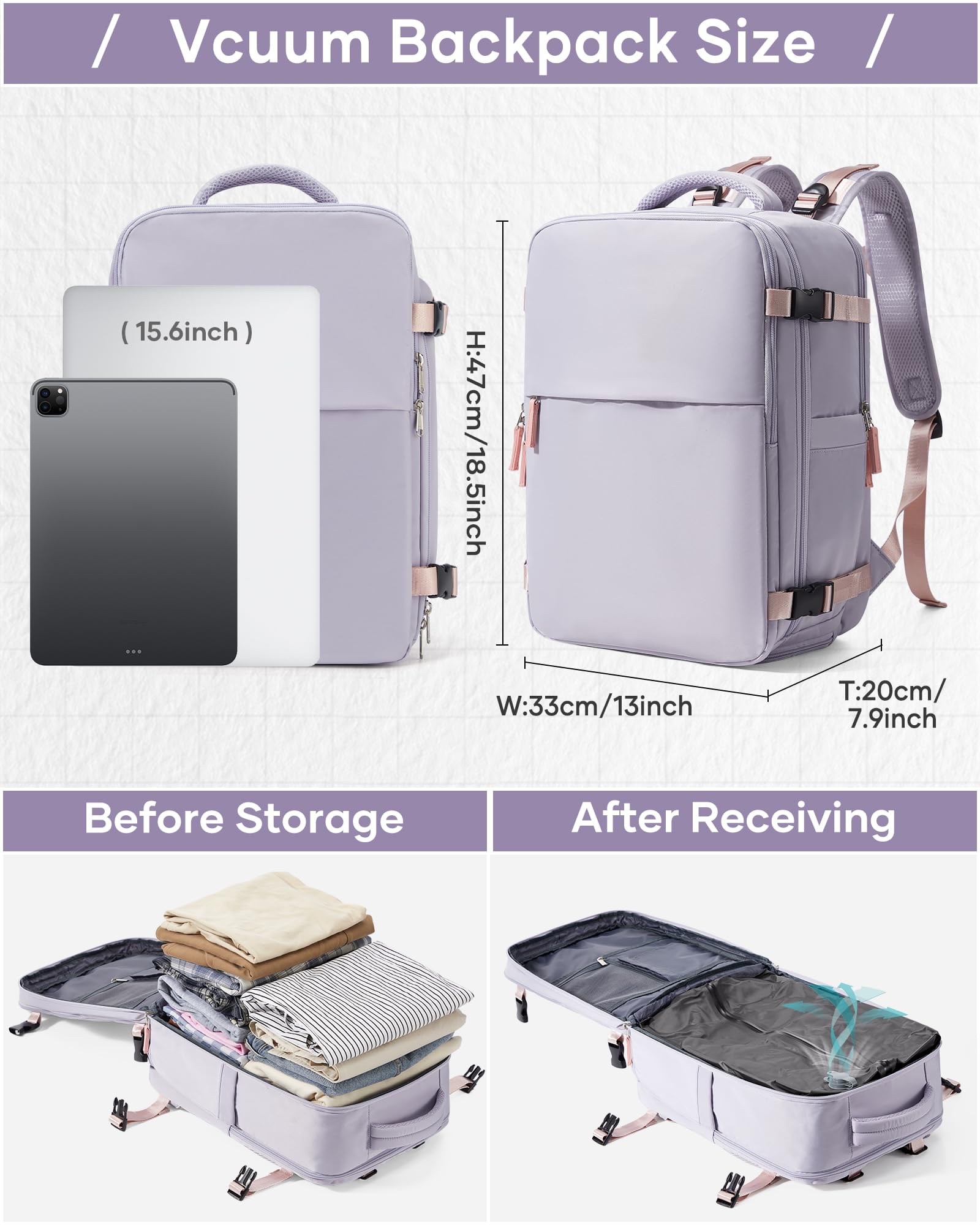 kibachev Zaino Da viaggio Sottovuoto con Pompa, Zaino EasyJet 45x36x20 Sottovuoto Donna con Scomparto per Scarpe, Borsa Porta PC
