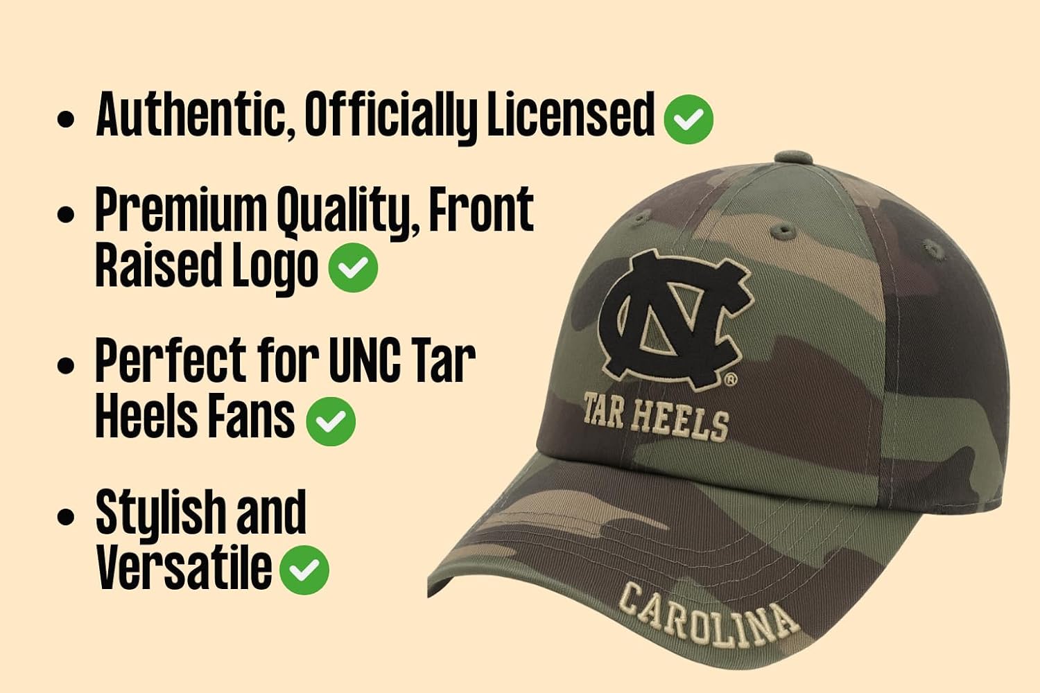 Officially Licensed UNC Hat Classic Tar Heels Camouflage Adjustable University North Carolina Relaxed Fit Cap