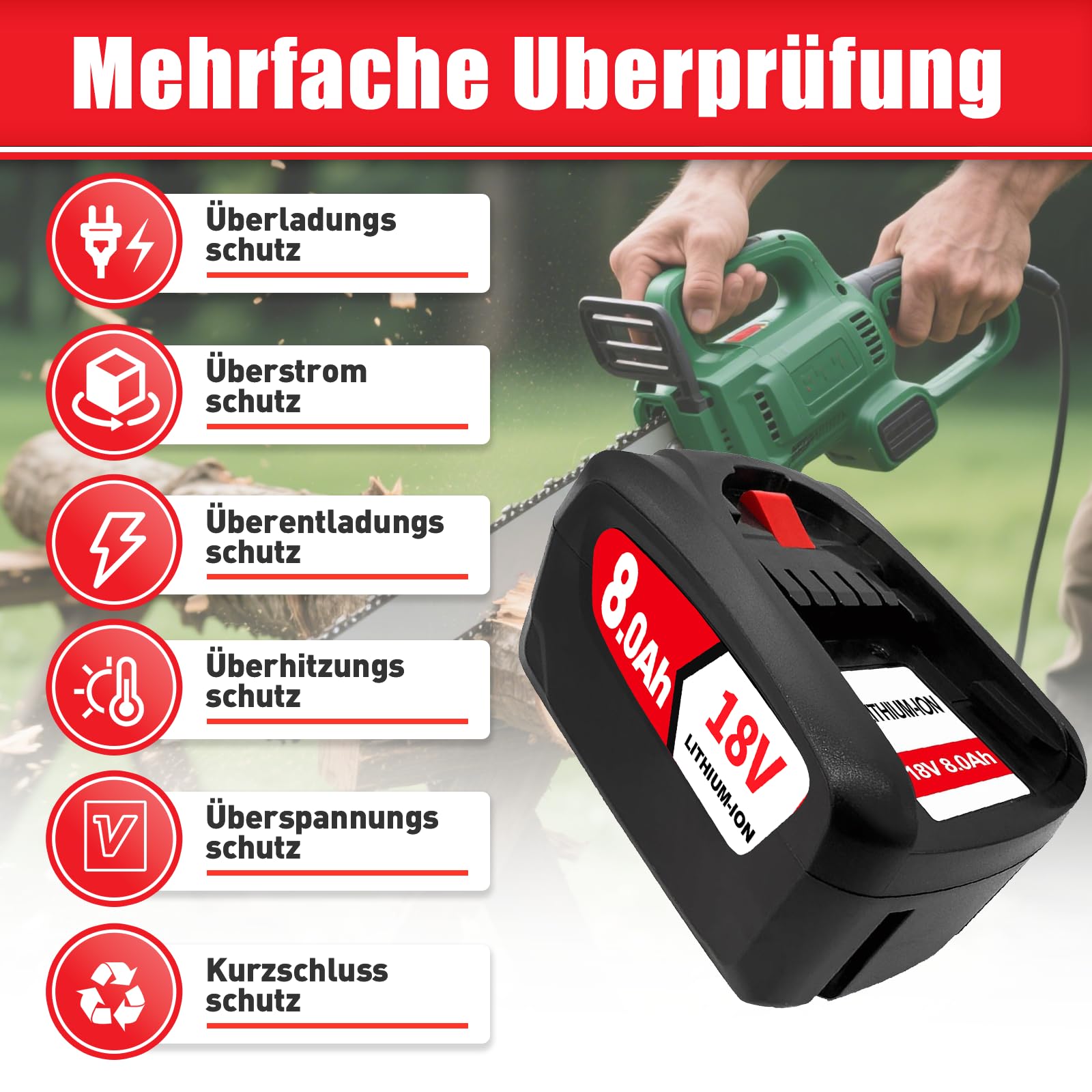2PCS 18V 8.0Ah Kompatibel mit für Bosch 18V Akku Ersatz für Bosch Akku PBA PSB PSR Li-ion Home and Garden AL1810 CV, AL1815 CV, AL1830 CV, AL1880 CV