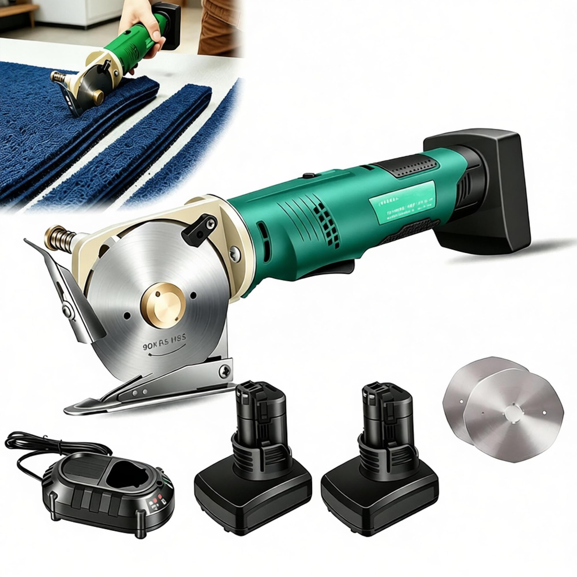 Cortador rotatorio eléctrico portátil for tela | Con 2 Cuchillas de Repuesto, for Coser, Acolchar, Cuero, Alfombras(Cutting height≤33mm)