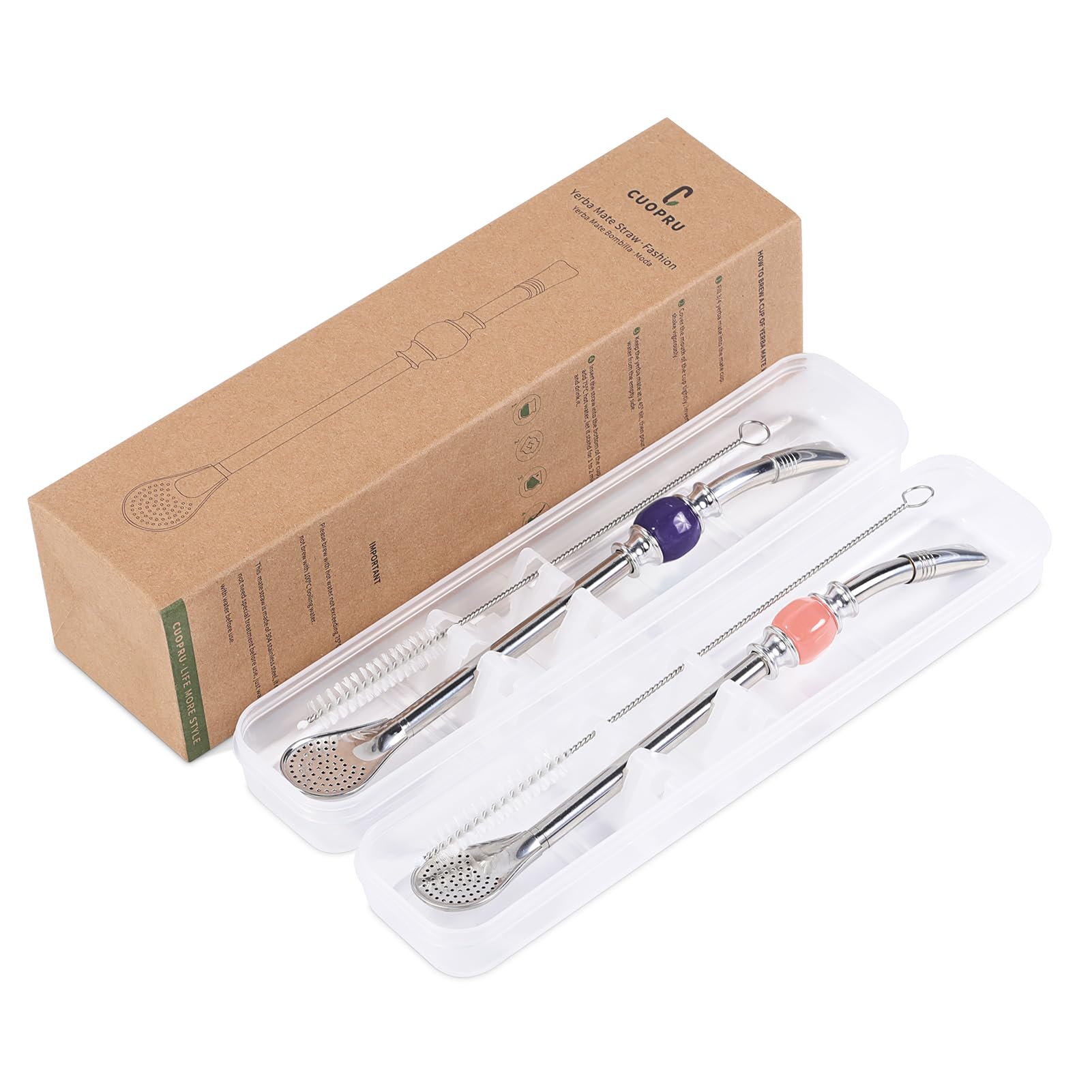 CUOPRU Yerba Mate Bombillas Set - Included Mate Gourd Stainless Steel Straws with Straw Case, Removable Head Filter, Colorful Bead, Cleaning Brush (Purple and Pink)