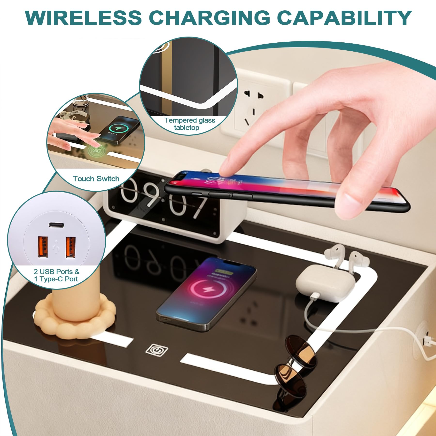 LED Nachttisch Weiß 2er Set, mit 3 Schubladens, Bluetooth-Lautsprecher, 3 Licht Dimmbar, Automatischer Sensor und Kabelloses Laden, Modern Intelligent Sofatisch