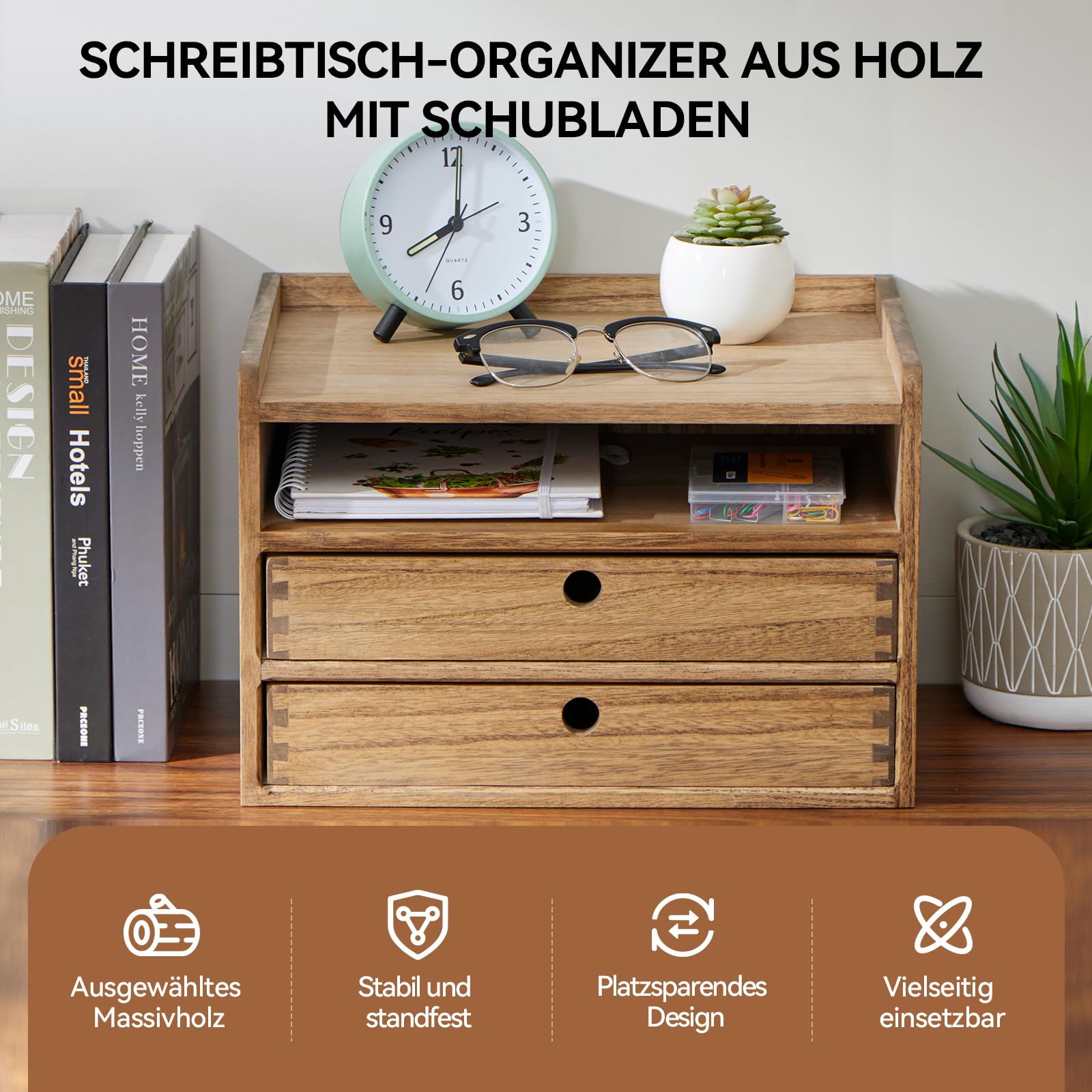 KIRIGEN Schreibtisch-Organizer Holz, A4-Ablagebox, 2 Schubladen, Braun | 35 x 27 x 23,5 cm, offenes Fach, Massivholz, handgefertigt, fertig montiert, Zapfenverbindungen, Pflanzenöl