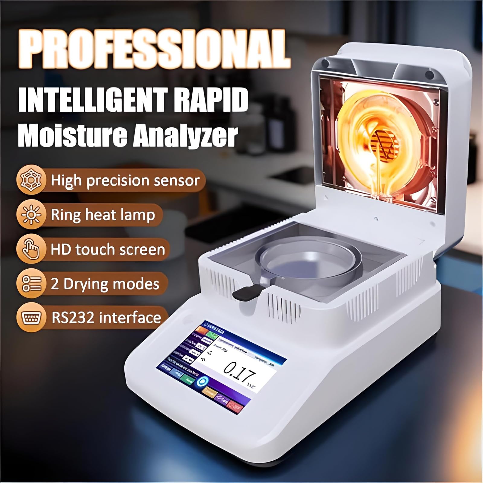 Analizador De Humedad Halógeno, Medidor De Humedad De Laboratorio De Alta Precisión De 0,001-0,005 g Con Pantalla Táctil, Calentamiento De 40 A 180 ℃, Probador Digital De Humedad Para Gran 120G/0.001