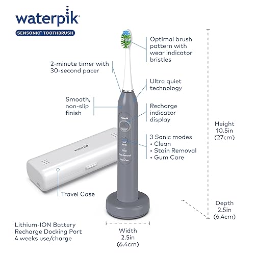 Miniatura 4 de Waterpik Sensonic - Cepillo de dientes eléctrico sónico, cepillo de dientes recargable para adultos con 3 modos, funda de viaje, cargador USB, gris