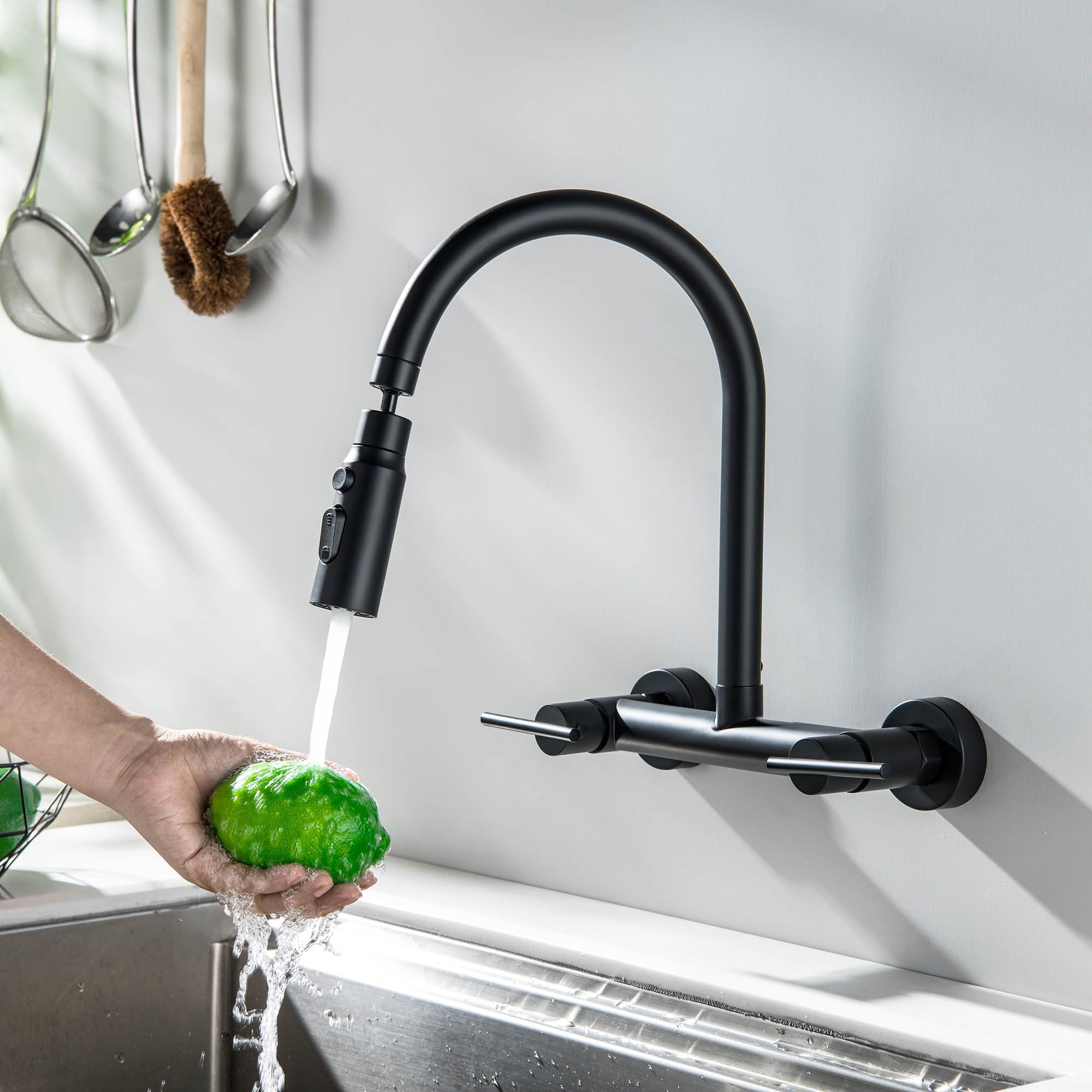 SUBEIXI Wall Mount Kitchen Faucet Matte Black 8 Inch Center Wall ...