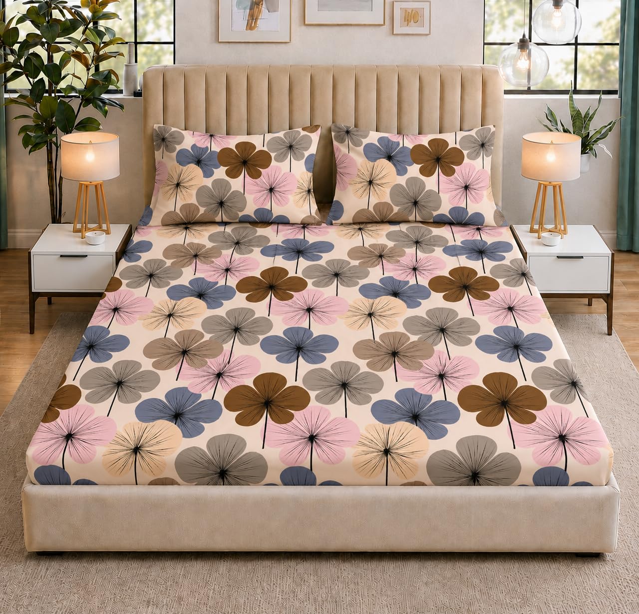 310 TC King Size Elastic Fitted Bedsheet with 2 Pillow Covers | 72 x 78 + 9 Inches | 360° All Around Elastic | Heavy Cotton Feel - Soft, Breathable & Wrinkle Resistant Fabric (Multi Flower)-image-43