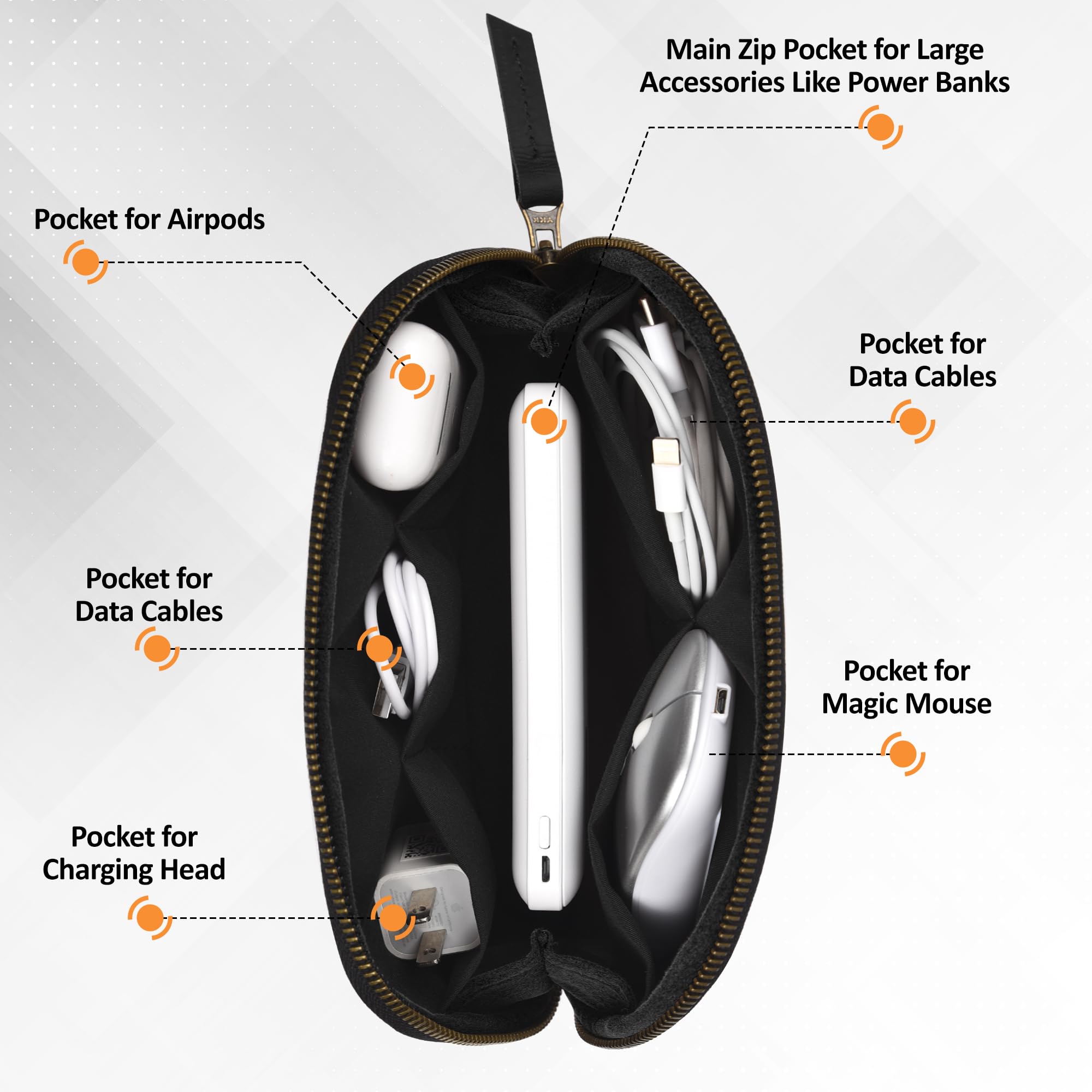 Funda de cuero para cables, cargadores de teléfono, bolsa tecnológica, bolsa de accesorios de viaje con cremallera, organizador electrónico, bolsa de viaje (negro)