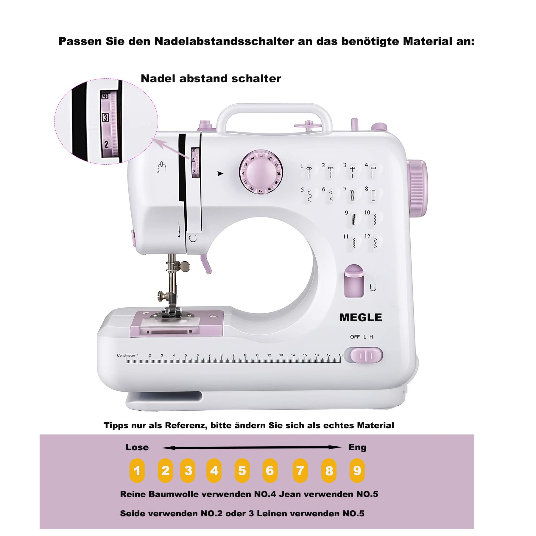 Machine à coudre pour débutants, machine à coudre multifonctionnelle pour la maison, pédale, guide rapide, enfilage automatique, double fil et double vitesse, 12 points intégrés, MEGLE FHSM-505