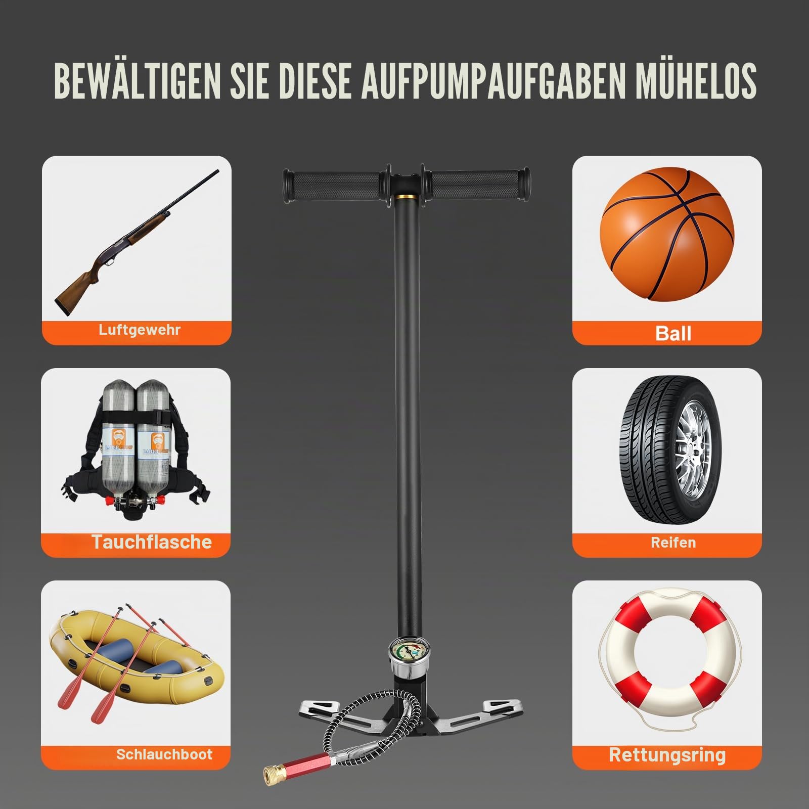 VEVOR Fußpumpe, 0 – 4500 psi, Luftpumpe, Design mit 3 Ebenen, Luftpumpe für Hochdruckreifen, Reifenfüller für Fahrrad, Luftgewehr mit präziser Manometer, zusammenklappbares Pedal