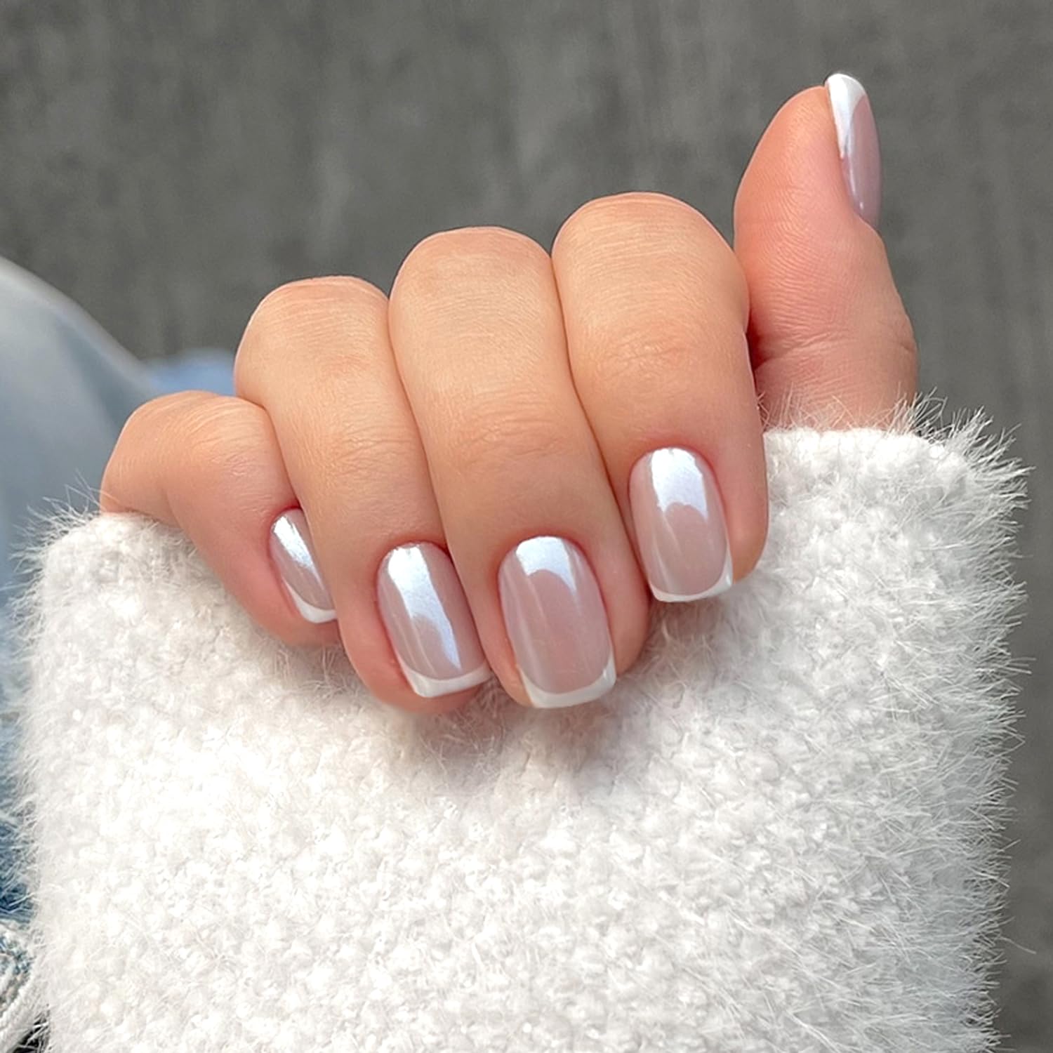 Photo 1 of 24Pcs White French Tips Press on Nails Nude Short Square Glossy Acrylic Solid Color Fake Nails Cute Stick on Fingernails French Press on False Nails Gel Glue on Nail for Women Manicure Daily Wear