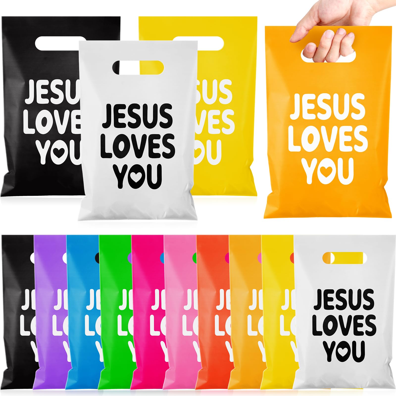 Kolldenn 100 Pcs Christian Gift Bags Bulk Jesus Loves You Religious Baptism Plastic Gift Bags with Handles Colorful Bible Verse Candy for Jesus Birthday Party Sunday School