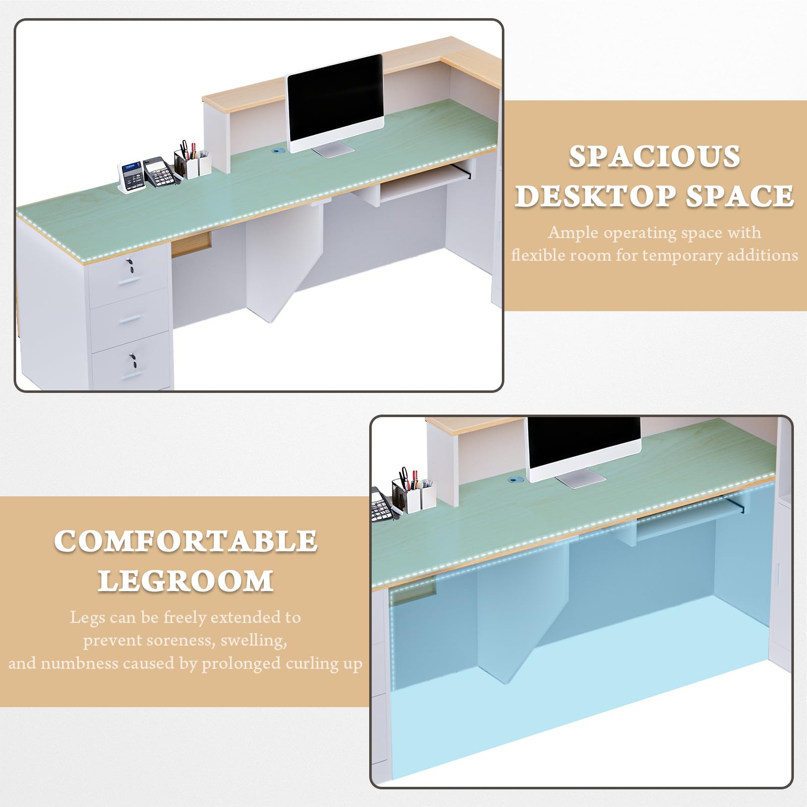 Escritorio de recepción grande de madera en forma de L, moderno mostrador de recepción con cajones con cerradura y bandeja de almacenamiento y teclado, para pagar, vestíbulo (madera natural izquierda