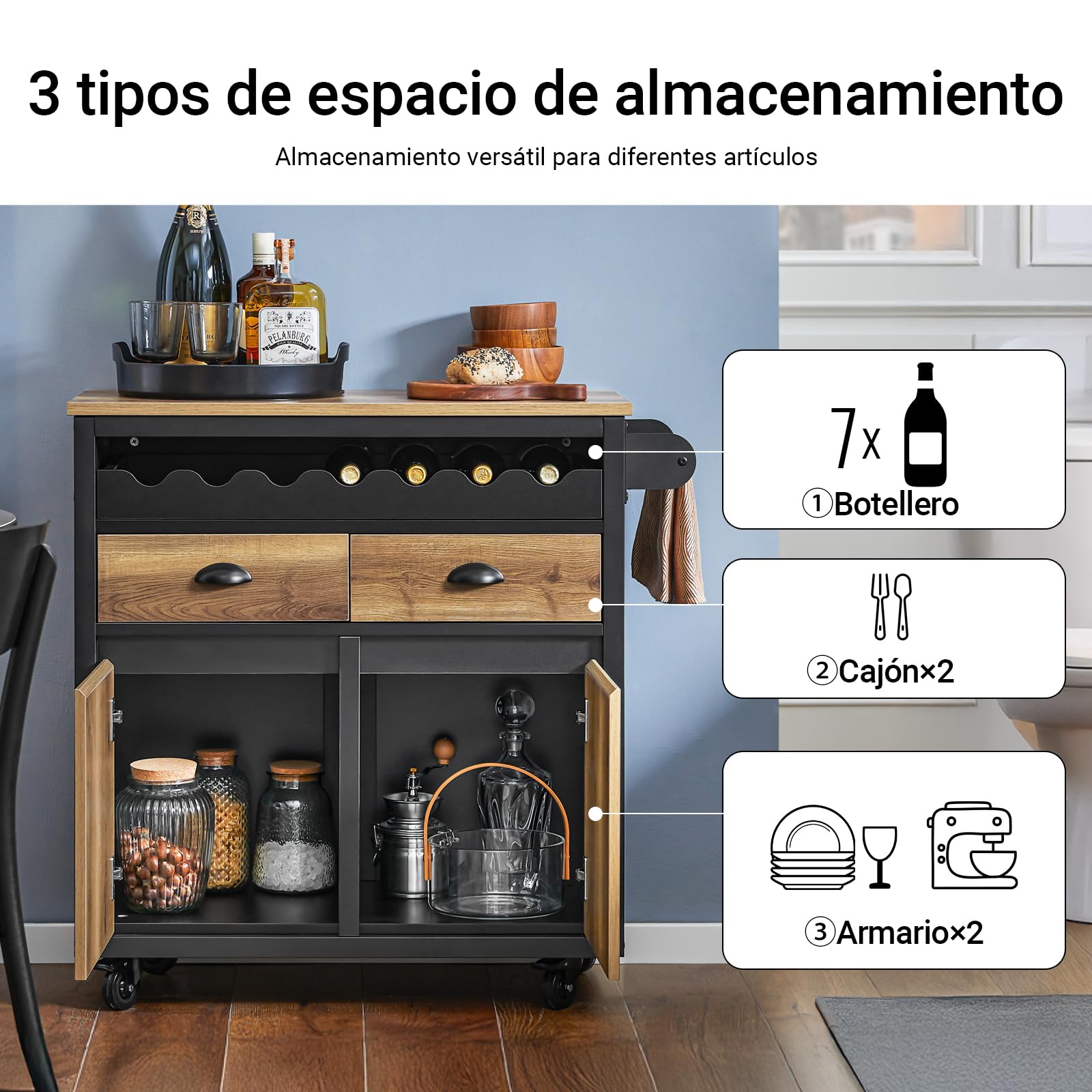 SoBuy Carrito Auxiliar de Cocina con 2 Cajones y 2 Puertas Carro Multiusos de Servicio Comedor con 4 Ruedas 1 Toallero y 1 Soporte para Botella Industrial 89 x 39 x 87 cm FKW122-SCH ES