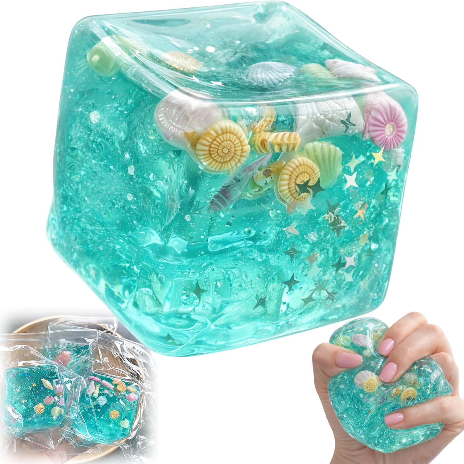 Ice Cube Stress Ball with Seashells, Squishy Gel Filled Sensory Fidget Toy, Soft Slow Rise Squeeze Ball for Stress Relief (1Pcs)