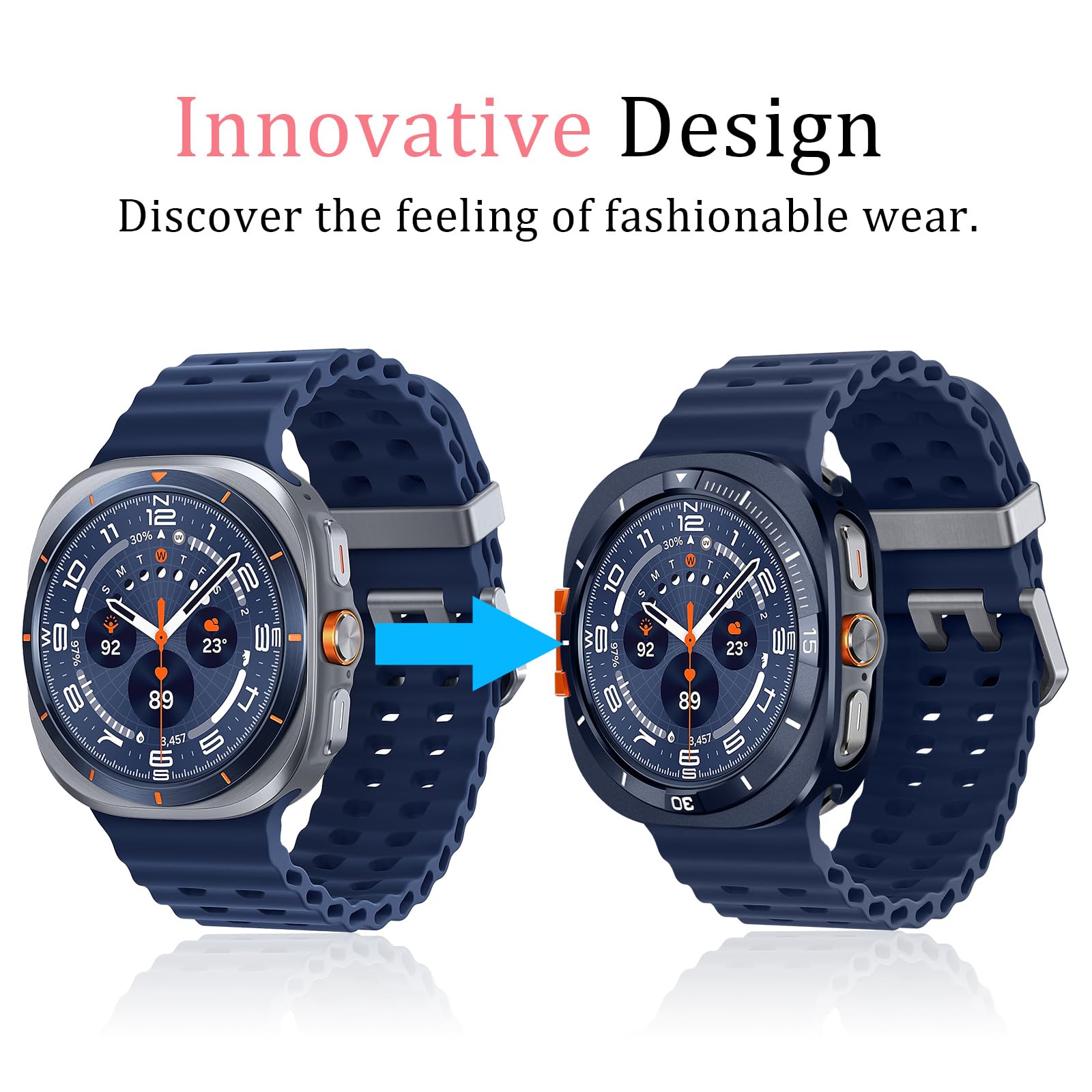 Amizee Metál Funda Compatible con Samsung Galaxy Watch Ultra Funda (2025/2024) 47mm con contraportada, Robusta Anti-Raspado Protección Carcasa para Galaxy Watch 7/8 Ultra, Azul/Blanco