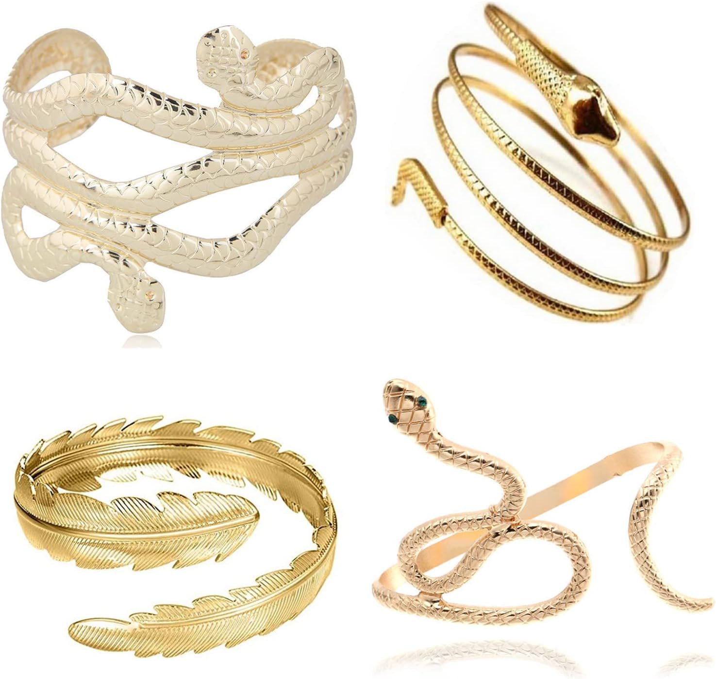 PPX 4 Pcs Green Eye Snake Serpent Hand Wrap Around Rhinestone Bracelet and Chic Egypt Cleopatra Swirl Snake Arm Cuff Armlet Armband Open Bangle Bracelet Gold