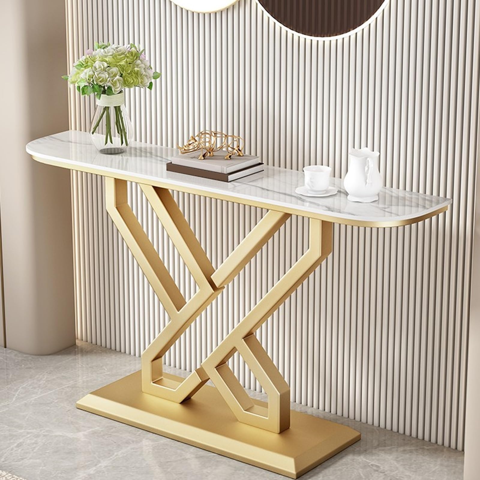 Tavolo Consolle Ingresso da Divano con Struttura in Metallo Sagomato, Consolle Stretta in Marmo, Stile Moderno, Adatto A Soggiorni, Ingressi E Corridoi(Gold1,100cm/11.8in)