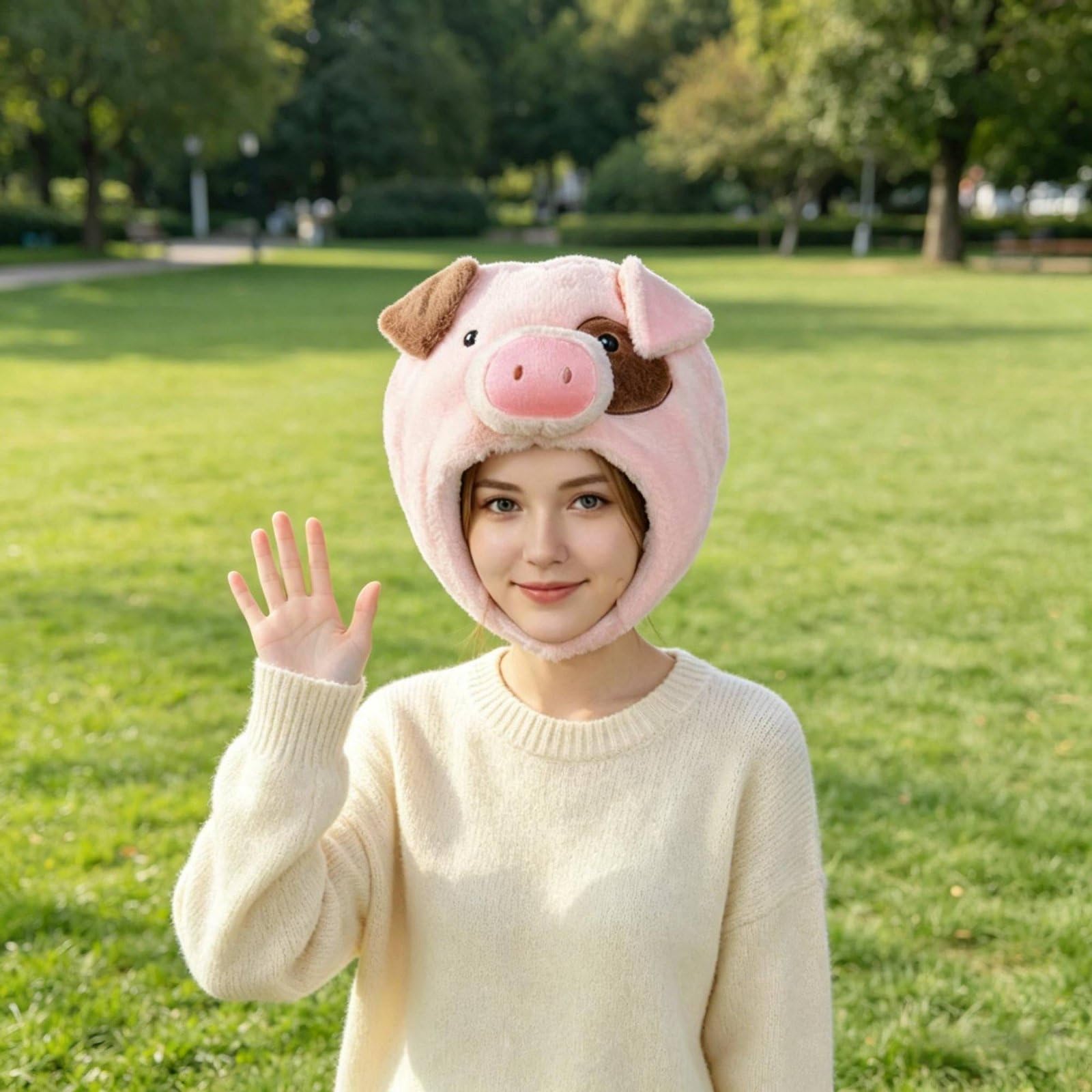 Gorro de Cerdo Rosa de Peluche Sombrero Cabeza de Cerdito de Animal Gorro Disfraz con Calce Mullido y Agradable Felpa Corta y Relleno Pp Adecuado para