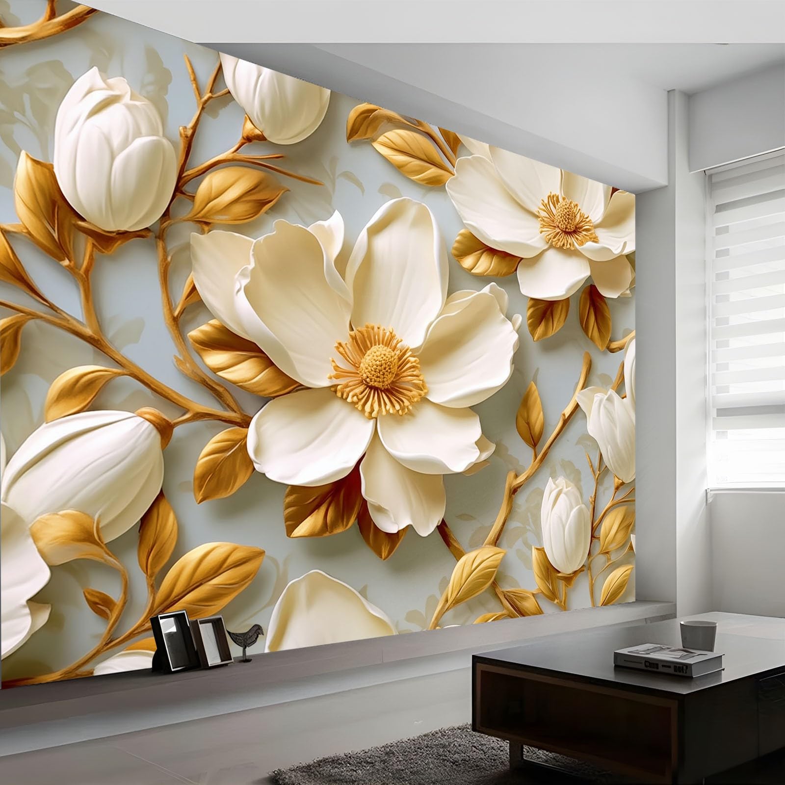 Panoramiczna tapeta ścienna 300 x 210 cm tapeta z włókniny, niestandardowy rozmiar, 3D magnolia tłoczone kwiaty tapeta 3D złota do salonu sypialni zima dekoracja domu