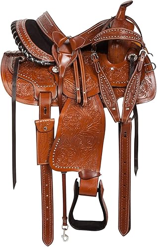 RAJ INTERNATIONAL Caballo de cuero de alta calidad Western Barrel Racing Horse Sillín, tamaño 14" - 18" pulgadas asiento