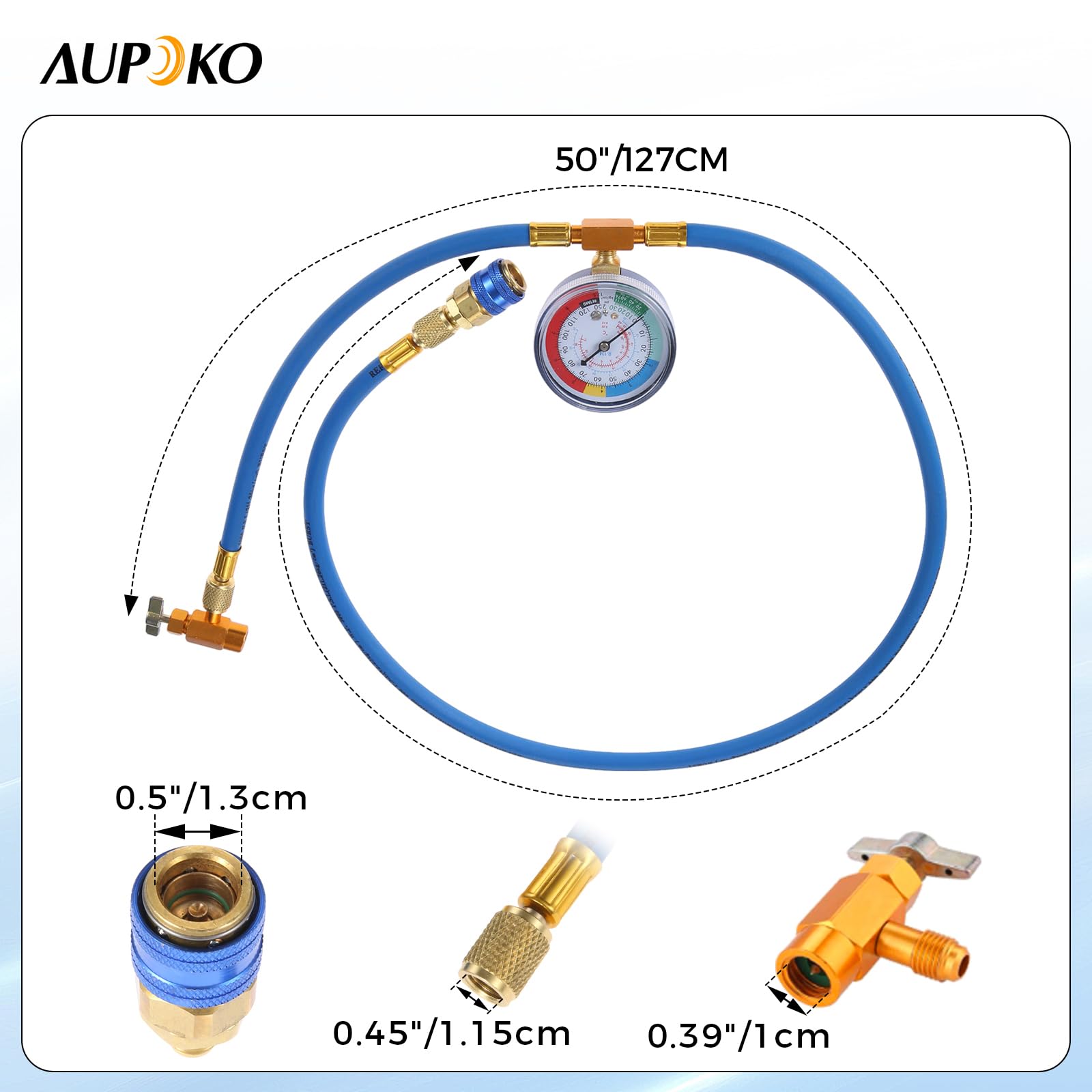Aupoko R134A Tubo di carica per refrigerante AC per auto, 159 cm, tubo di carica con manometro R134A Valvola rubinetto tipo perforazione, kit manometro a bassa pressione accoppiatore rapido A/C