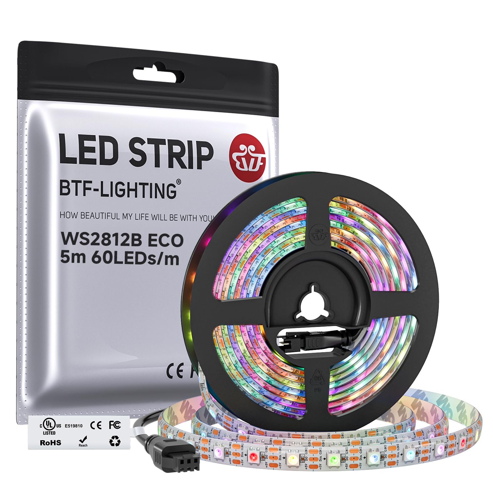 BTF-LIGHTING WS2812B IC RGB LED Strip,UL Listed,DC5V 16.4FT 300LED IP65