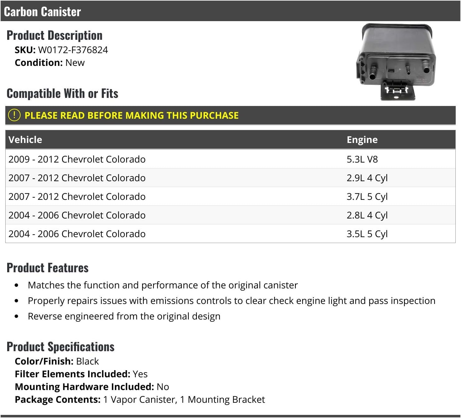 Marketplace Auto Parts Carbon Canister - Compatible with 2004-2012 Chevy Colorado