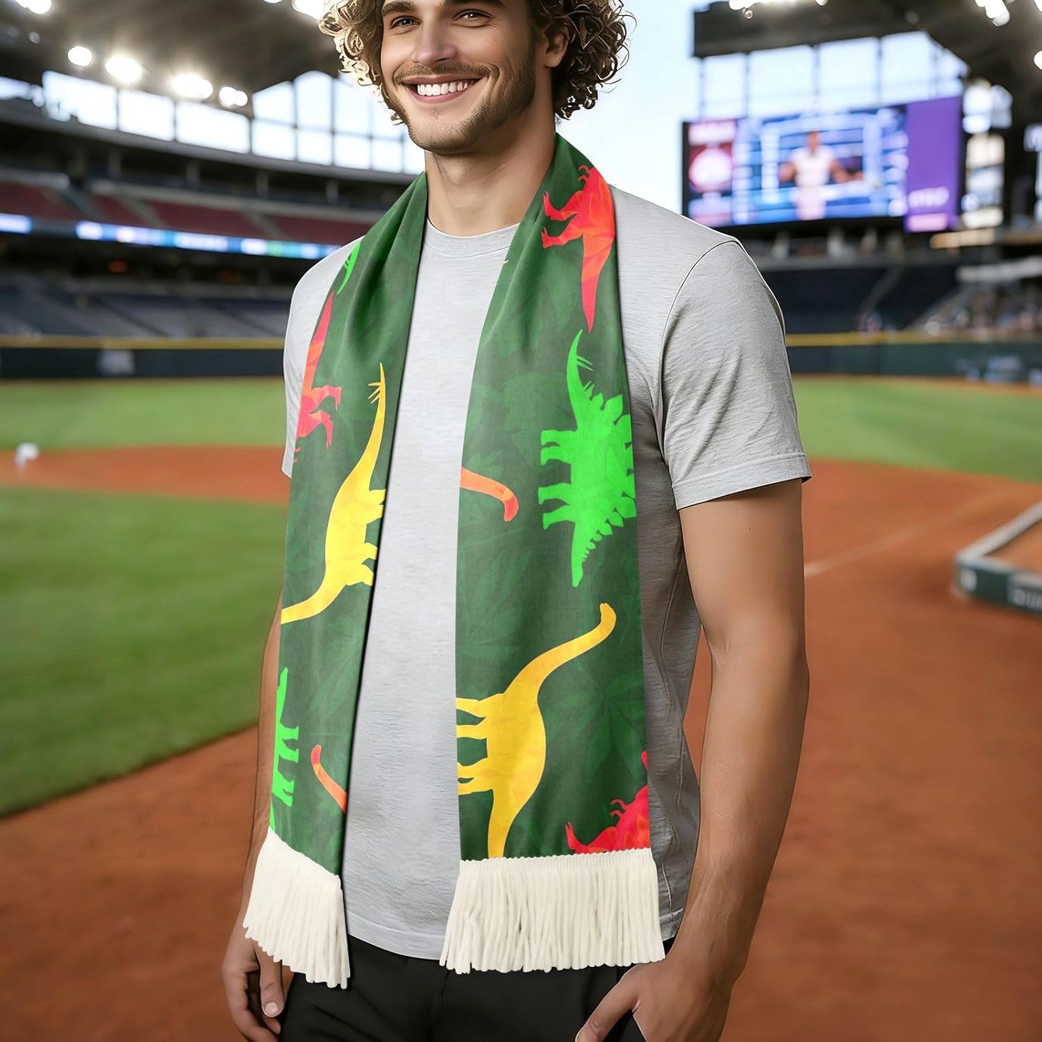 CHIFIGNO Colorful Dinosaur Green Sports Fan Scarf, Soft Polyester Soccer Scarf, Quick Dry Supporter Towel, Match Day Accessories