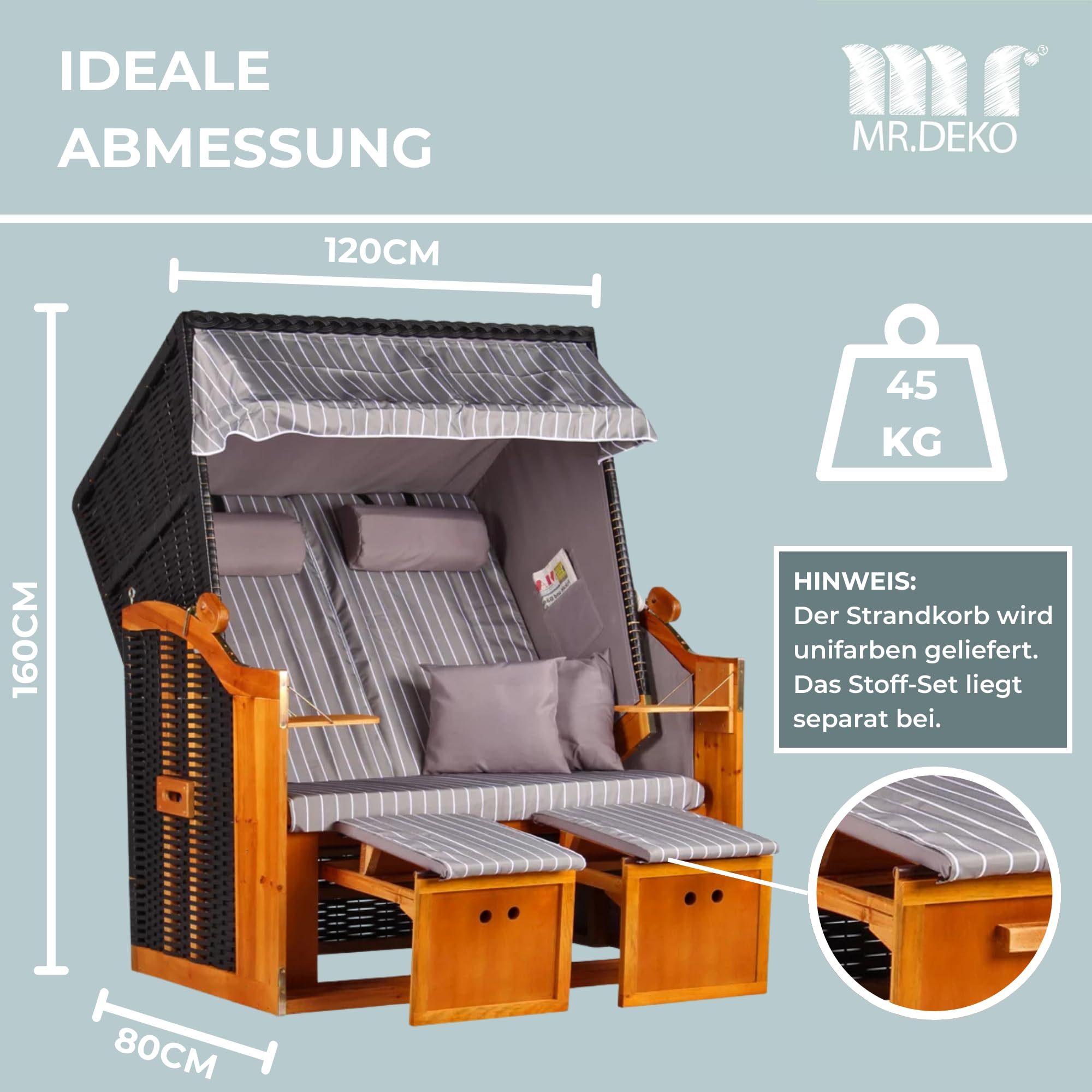 MR. DEKO Chaise de Plage en polyéthylène tressé avec 4 Coussins de Plage et 4 Coussins en Bois Dur et rotin synthétique pour Jardin, terrasse Motif Royal Gris.