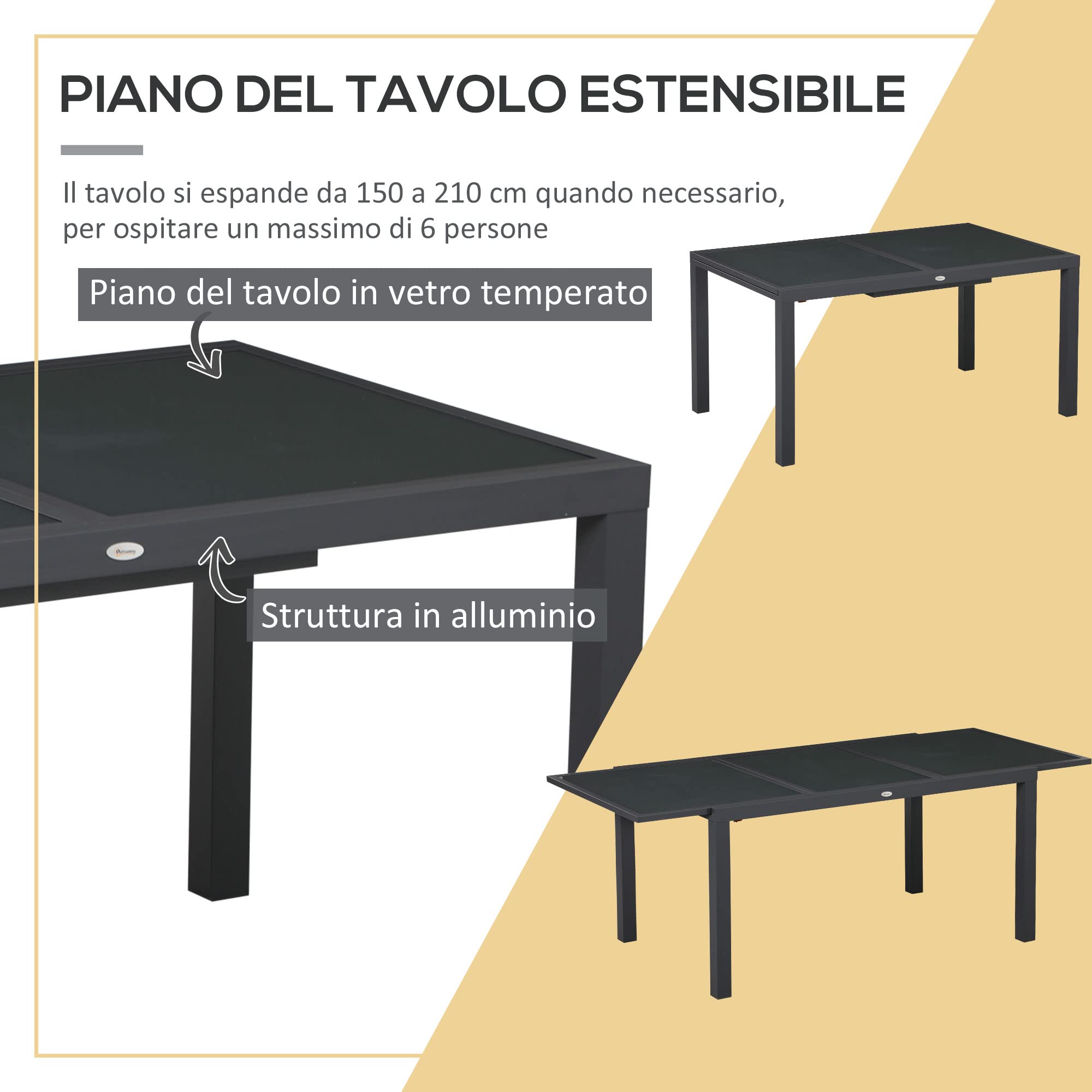 Outsunny Set Tavolo e Sedie da Giardino 7 Pezzi, Alluminio, Tavolo Rettangolare Allungabile, 6 Sedie Impilabili Texteline, Grigio Scuro