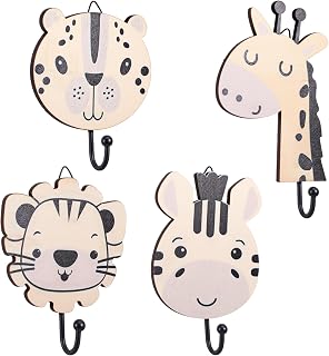 4 Pcs Safari Animal Wall Hooks, Large Kids Wall Hooks Wooden Kids Coat Hook Walls Mounted Hook Safari Nursery Decor Animal Decorative for Kid Room Bedroom Nursery Bathroom Home Decor