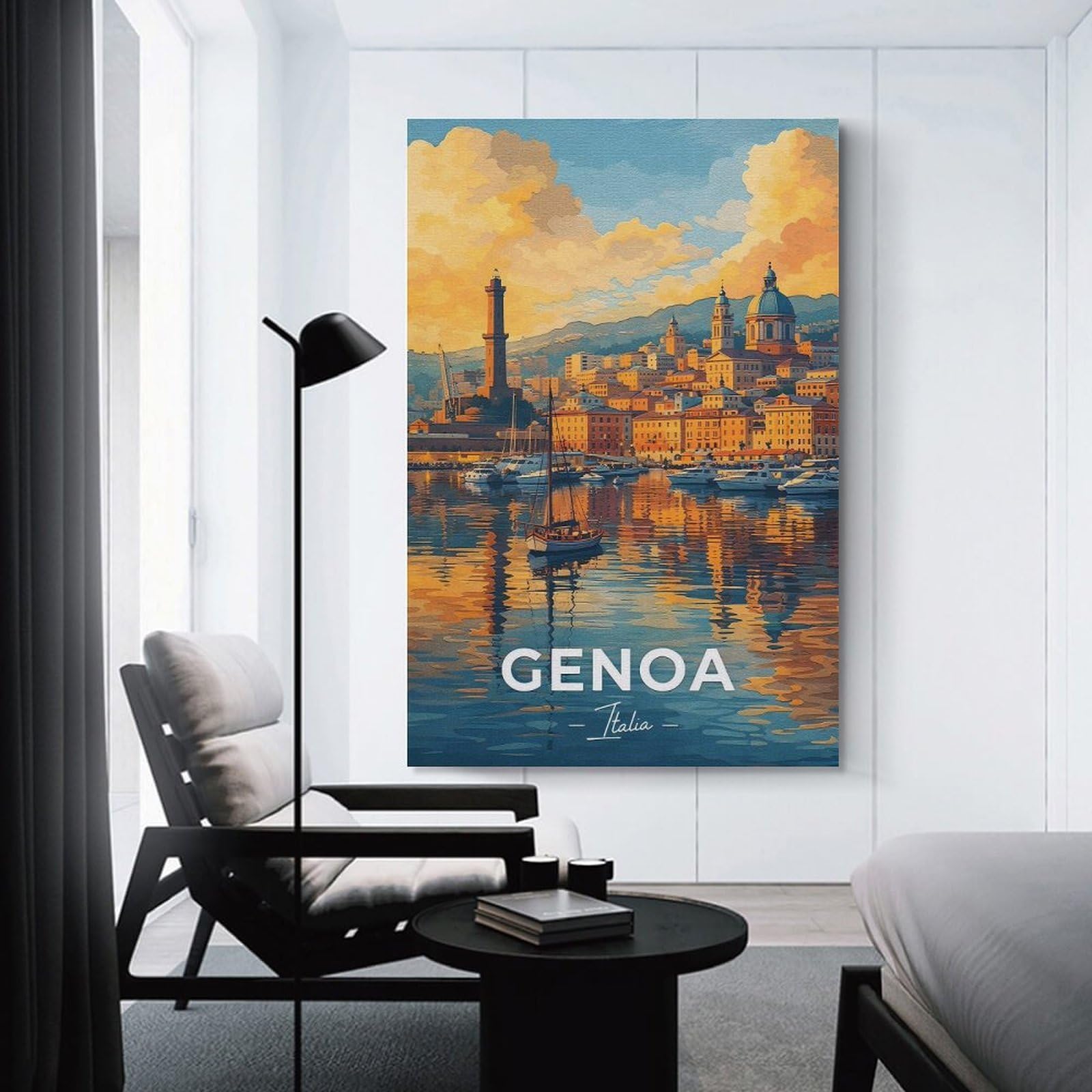 Junmoney Unframe-Style-11 Genoa Italia Harbor Painting Decorative Wall Artwork, 24X36inch(60X90cm), For Corridors, Hallways Or Apartment Entries, Home Artwork For First Impressions