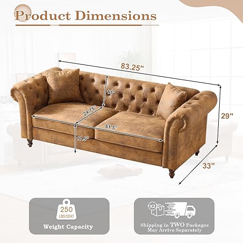 Miniatura 2 de Sofá Chesterfield de piel sintética de lujo de 83 pulgadas, cómodo sofá tapizado profundo de 3 plazas con reposabrazos enrollable y botón copetudo