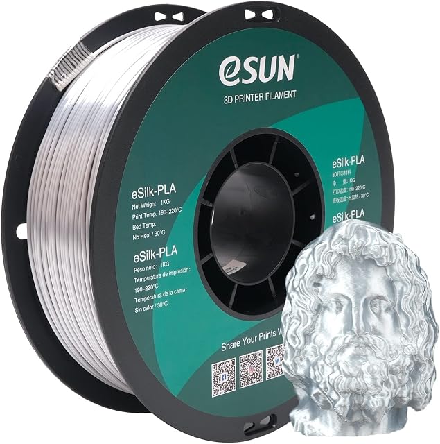 eSUN Silk Metal PLA Filament 1.75mm, Silky Metallic 3D Printer Filament PLA, Dimensional Accuracy +/- 0.05mm, 1KG Spool (2.2 LBS) 3D Printing Filament for 3D Printers, Silk Silver