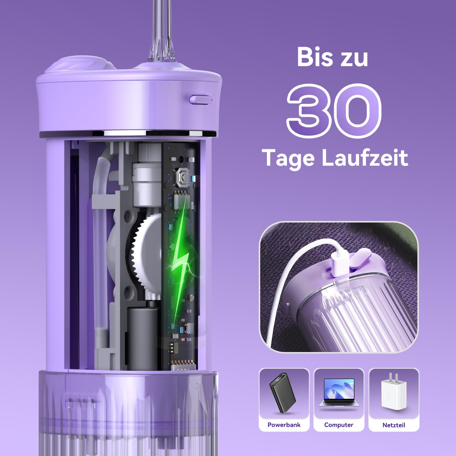 JTF Hydropulseur Jet Dentaire Portable Mini, Électrique Voyage Irrigateur Oral Detartreur Avec 5 Buses Rechange, 4 Modes Water Flosser, 230 ML Réservoir D'eau Escamotable, IPX7 Étanche(Violet)
