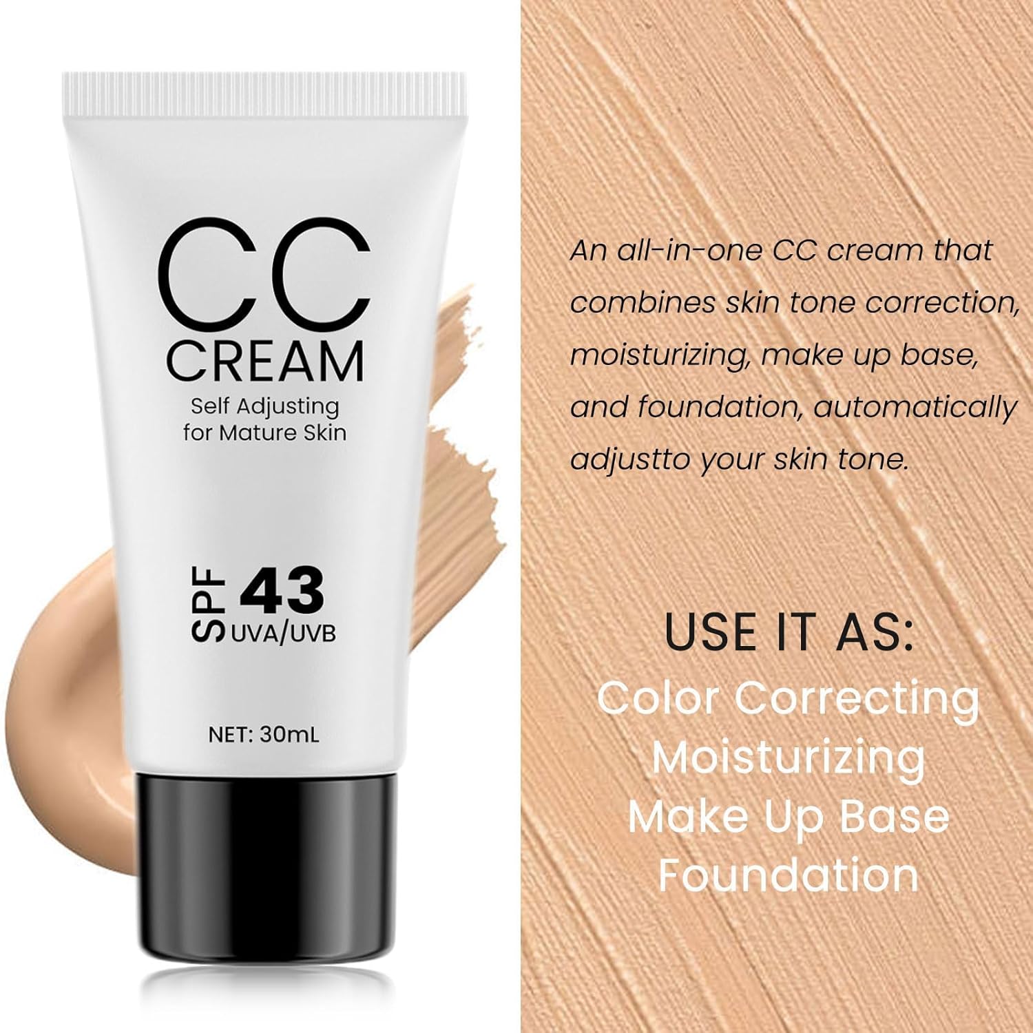 3PCS CC Cream for Older Women, Skin Tone Adjusting Cc Cream Foundation Spf 43, Self Adjusting for Mature Skin, Even Complexion, Conceals, Moisture & Anti Aging - Image 2
