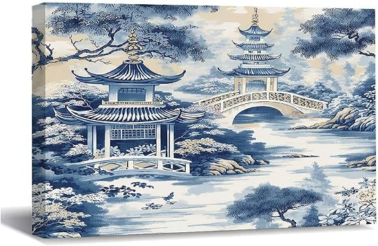 Chinese Style Canvas Wall Art 12x8in,Chinoiserie Blue And White Porcelain Chinese Style Pattern Canvas Print Wall Artwork Rustic Wall Plaque Poster for Home Office Living Room Bedroom Decoration
