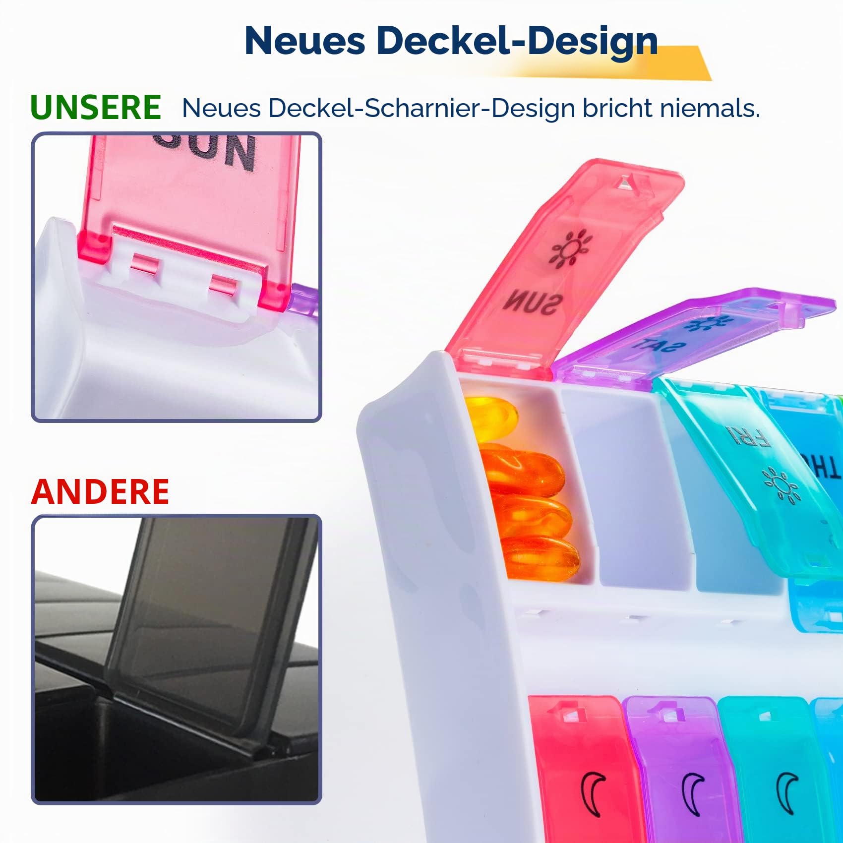 Tablettenbox 7 Tage Morgens Abends, Pillendose 7 Tage 2 Fächer, Pillenbox 14 Tage Medikamentenbox Große Fächer Für Fischöle, Vitamine, Kapseln