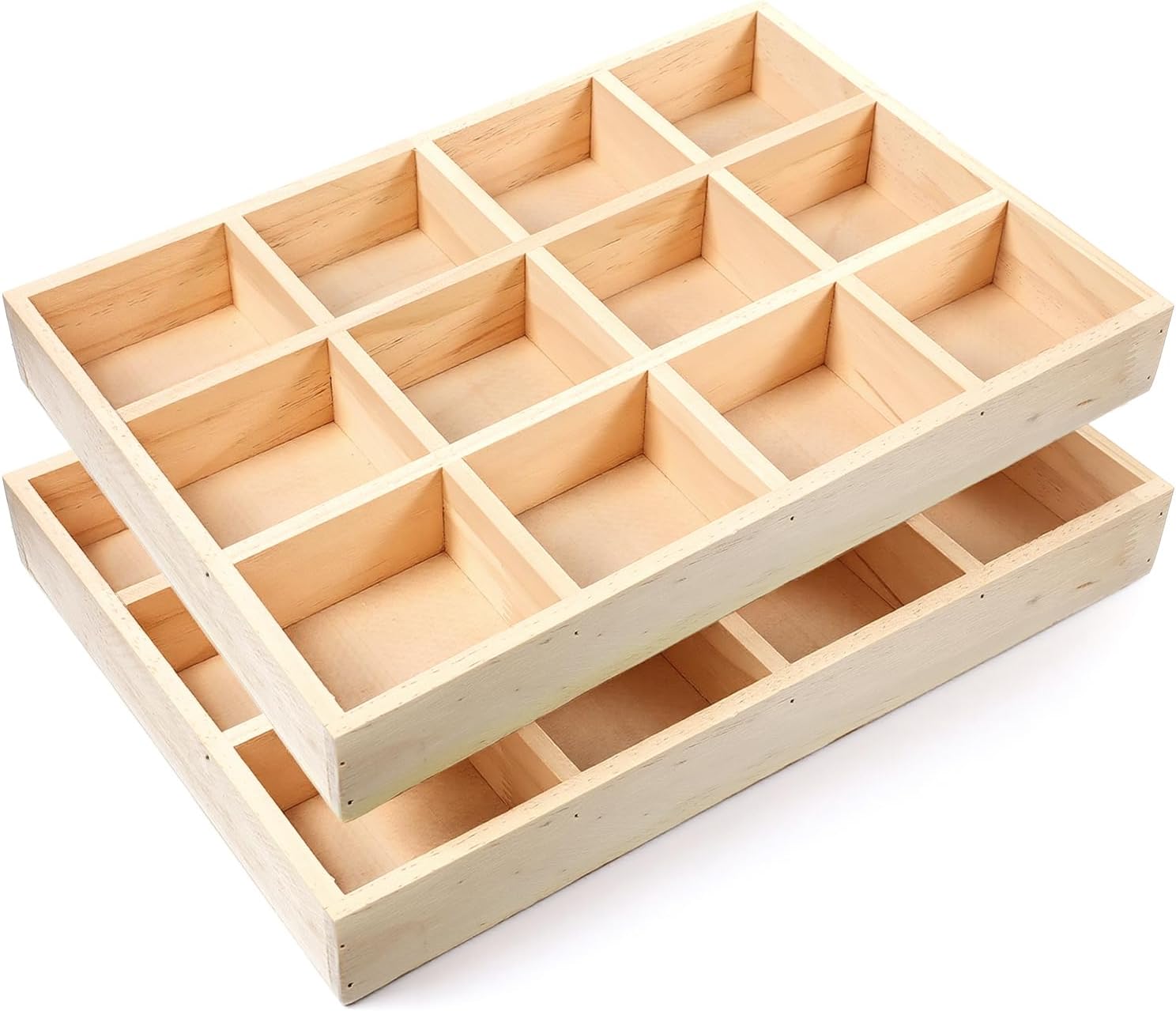 Kegeeei 2 Pack Wooden Sorting Tray Grid Display, Wood Divided Organizer, Showcase Display Box with 12 Compartments for Home Office Craft Storage (13.2 x 9.2 x 1.65 Inch Each)