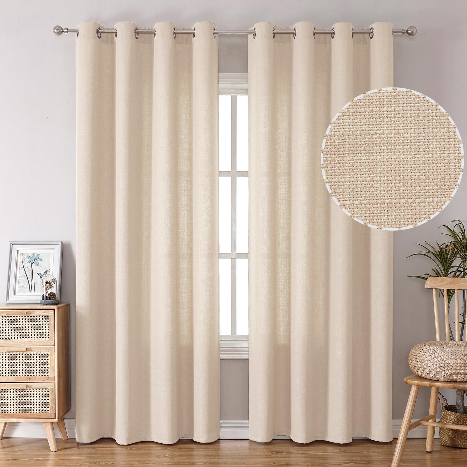 BGment Ecru Natural Faux Linen Curtains for Living Room 84 inch Length 2 Panels Set, Grommet Thick Linen Semi Sheer Drapes Light Filtering Privacy Window Curtains for Bedroom, 52 x 84 Inch